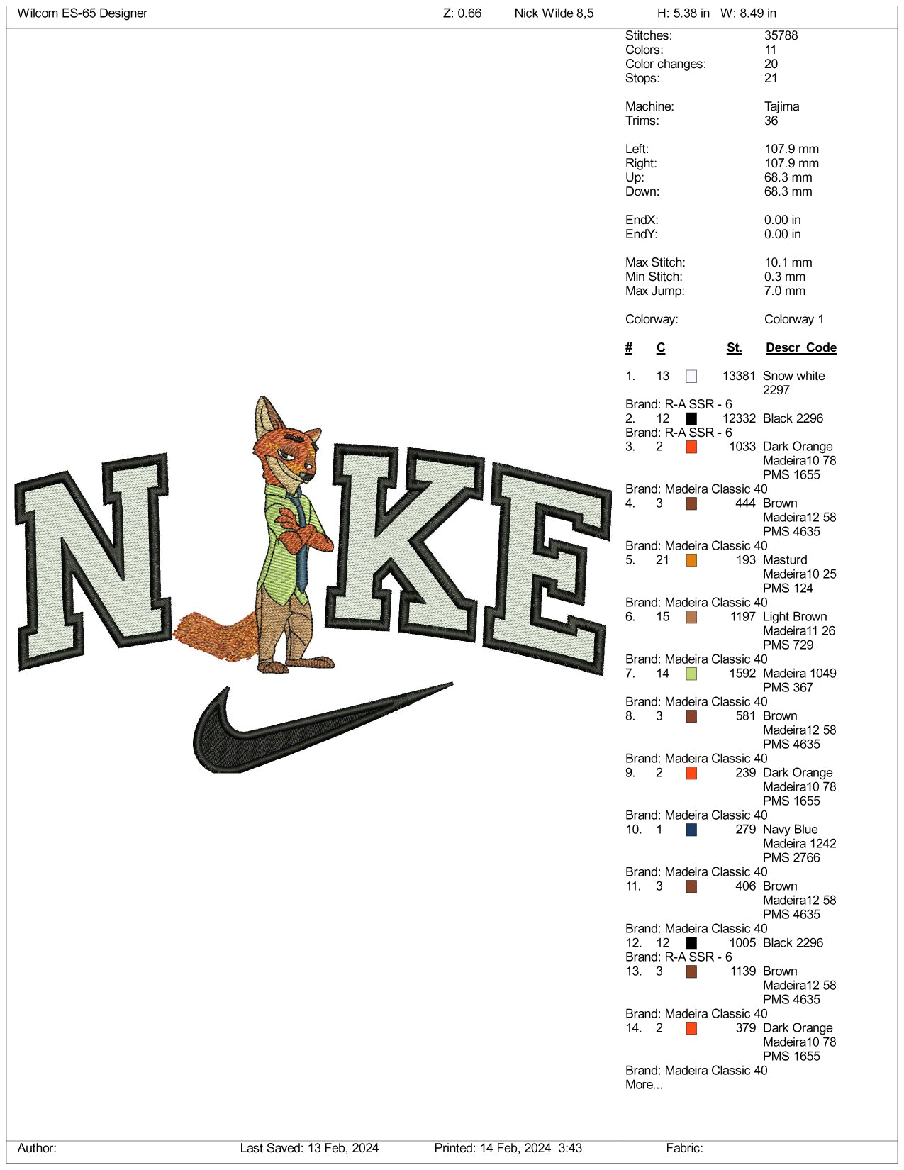 Nike Nick Wilde Embroidery Design Files - 3 Size's