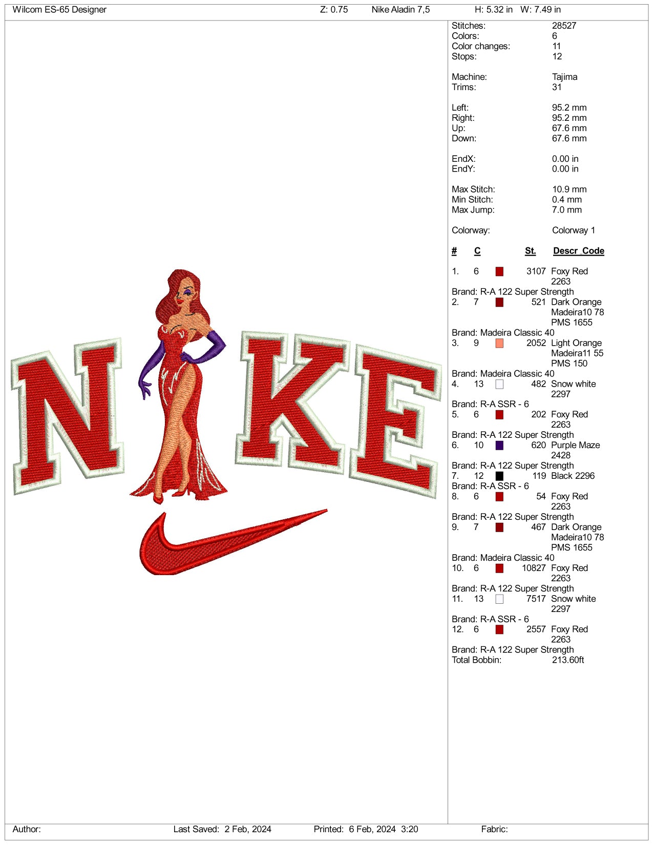 Nike Jessica Rabbit Embroidery Design Files - 3 Size's