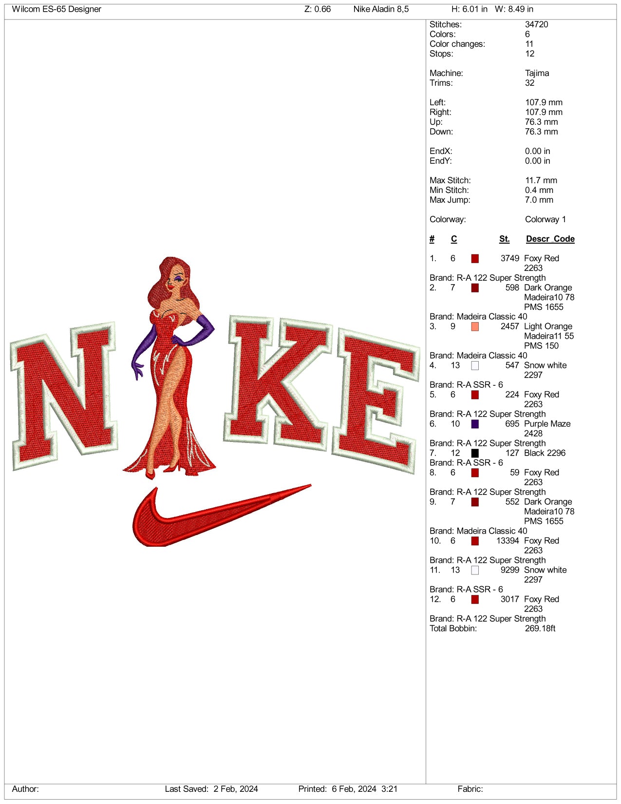 Nike Jessica Rabbit Embroidery Design Files - 3 Size's