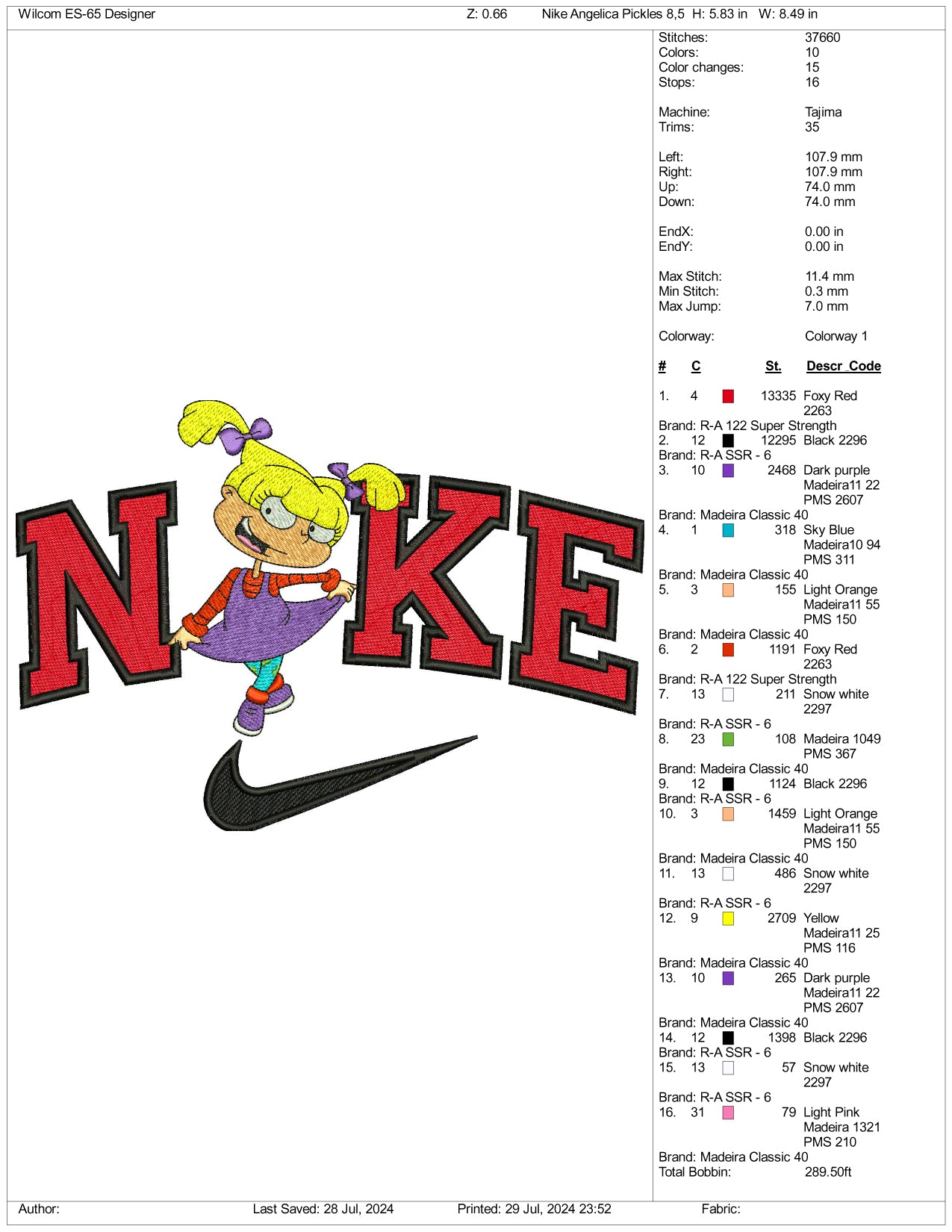 Nike Angelica Pickles Embroidery Design Files - 3 Size's