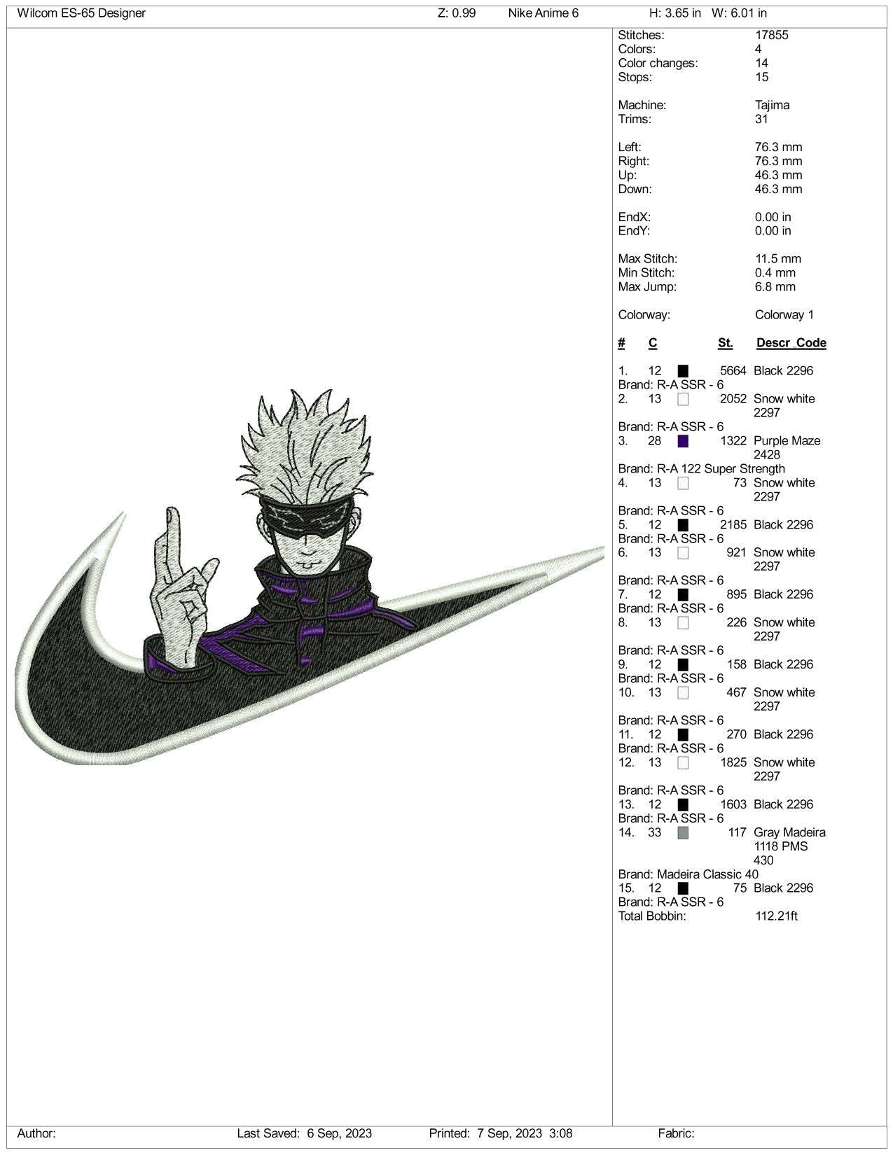 Nike Satoru Gojo Embroidery Design Files - 3 Size's