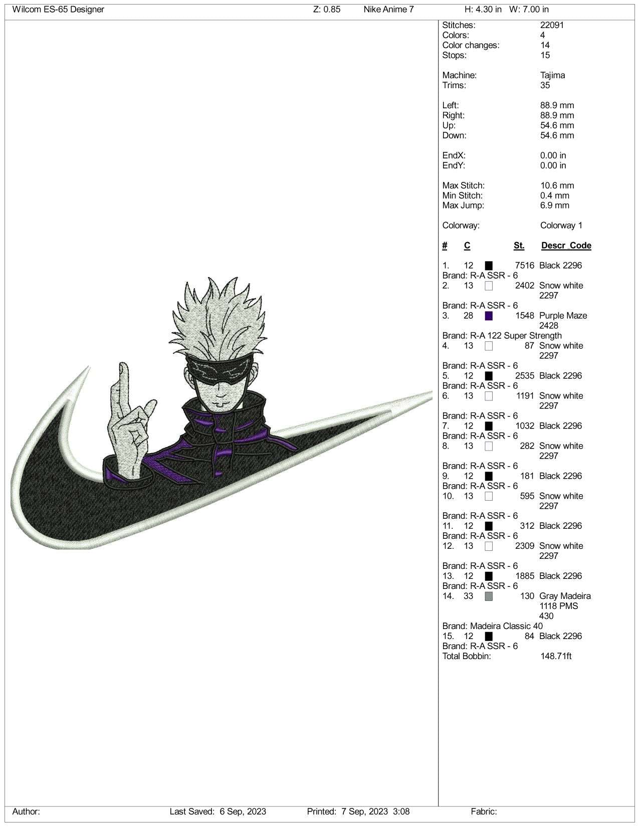 Nike Satoru Gojo Embroidery Design Files - 3 Size's