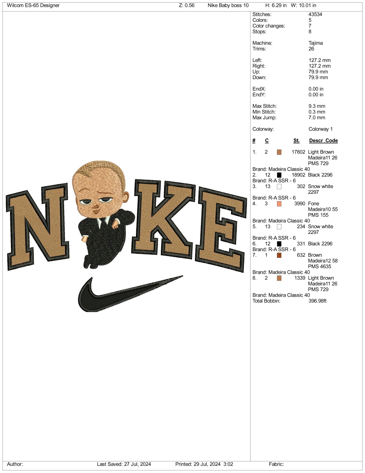 Nike The Boss Baby Embroidery Design Files - 3 Size's