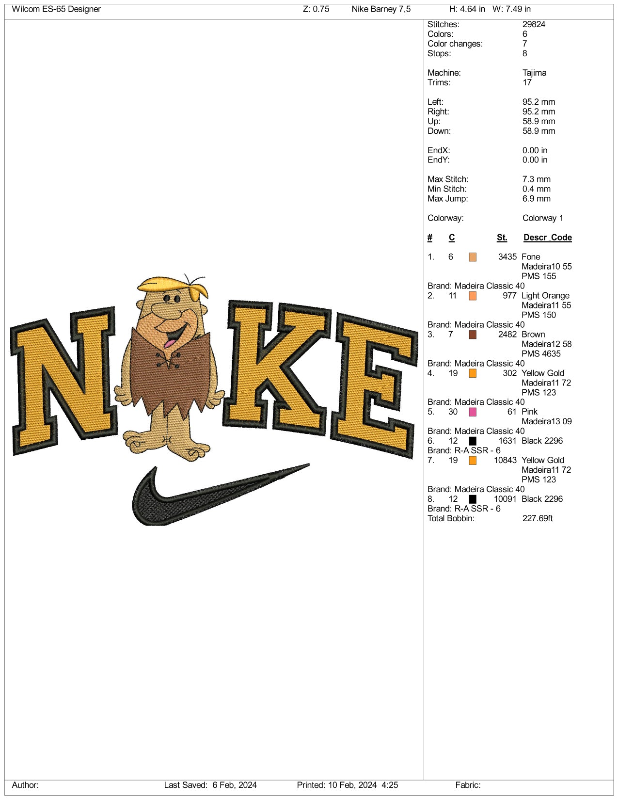 Nike Barney Rubble Embroidery Design Files - 3 Size's