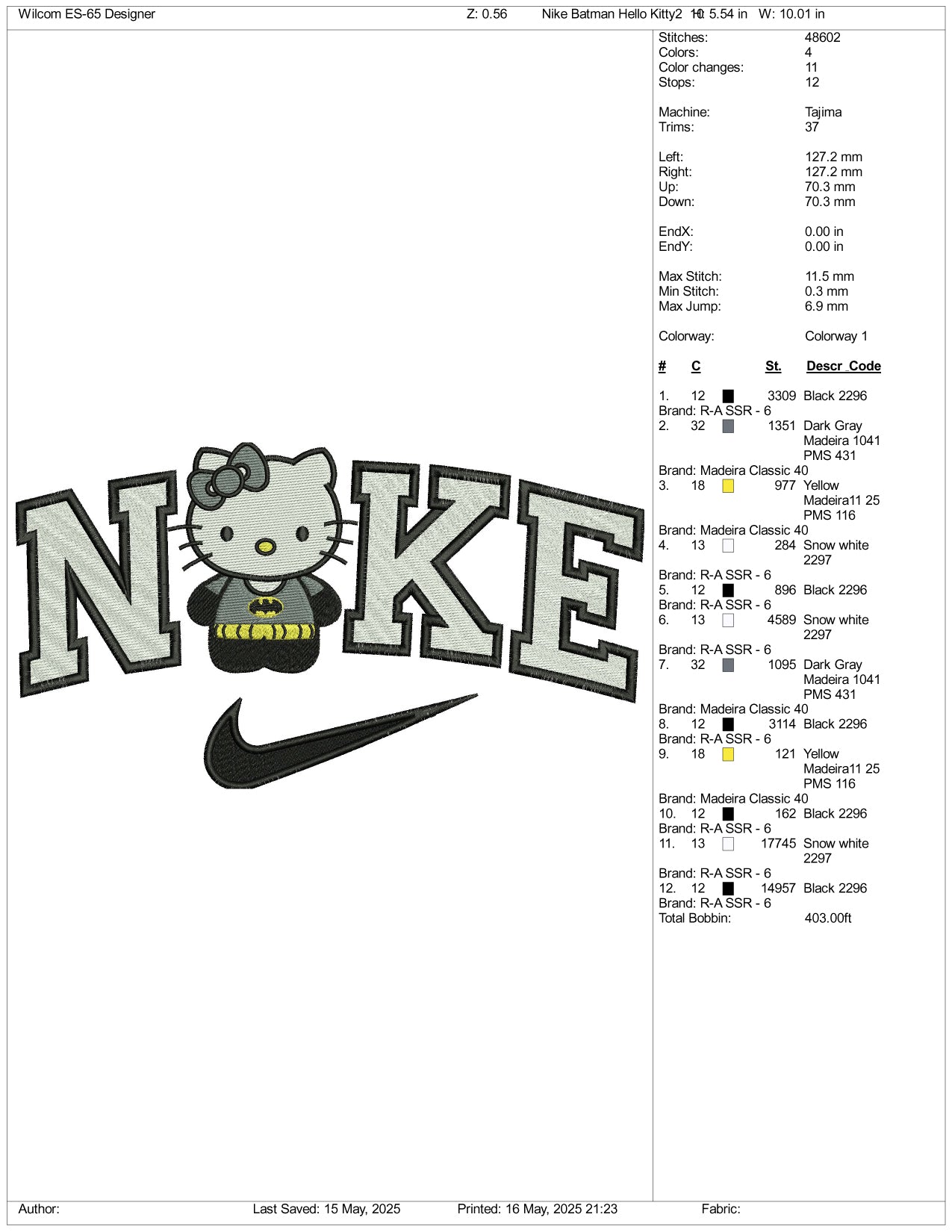 Nike Hello Kitty Batman Embroidery Design Files - 3 Size's