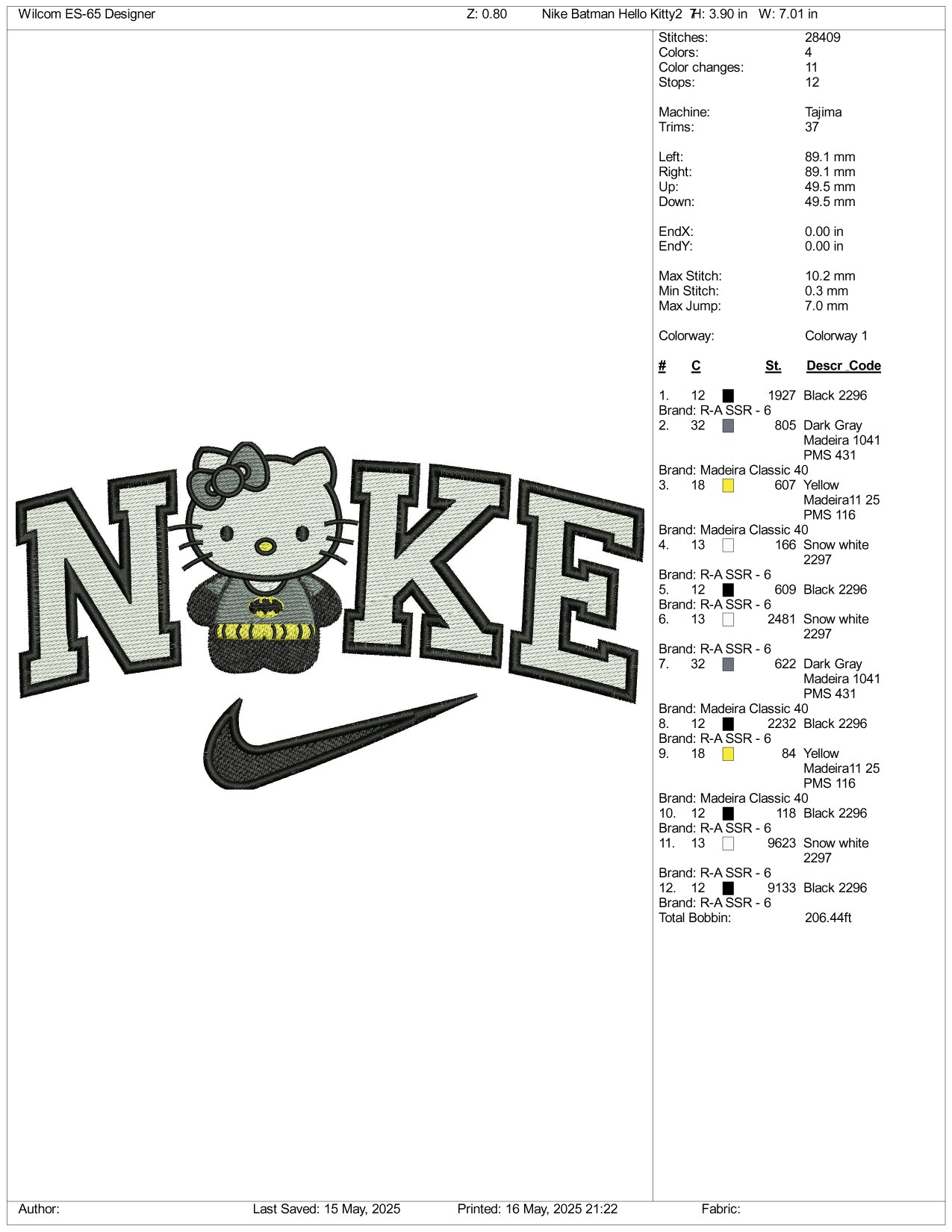 Nike Hello Kitty Batman Embroidery Design Files - 3 Size's