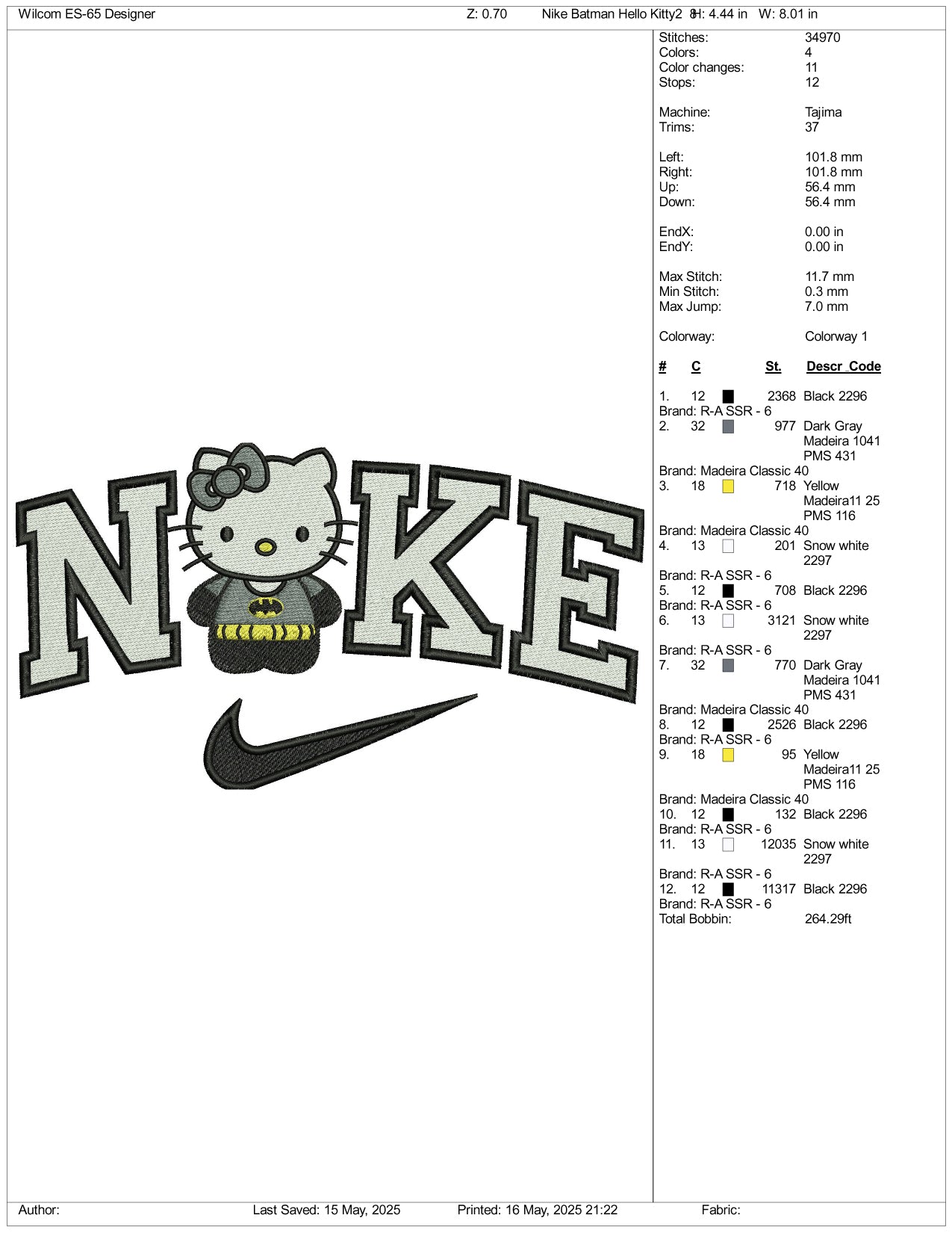 Nike Hello Kitty Batman Embroidery Design Files - 3 Size's