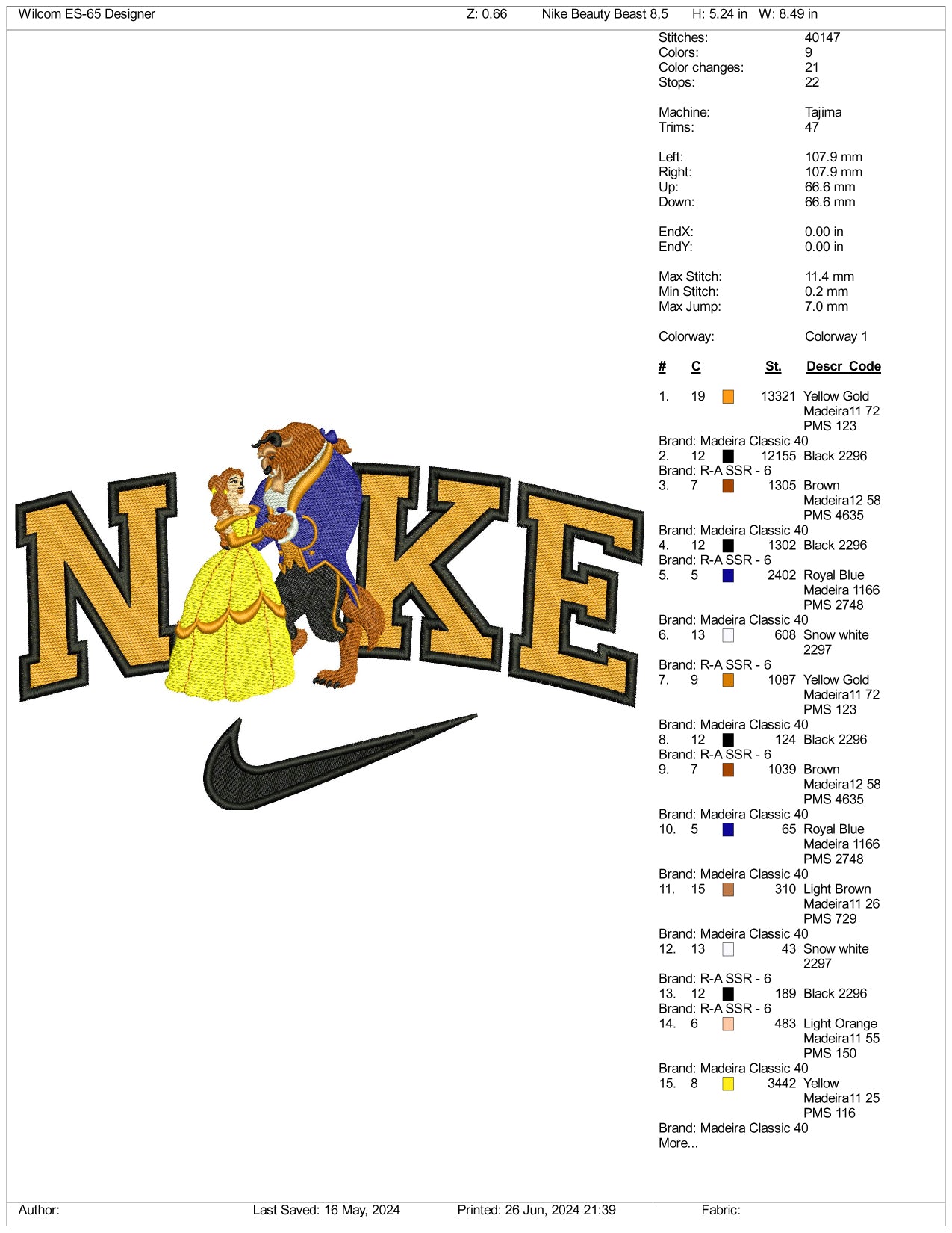 Nike Beauty and The Beast Embroidery Design Files - 3 Size's