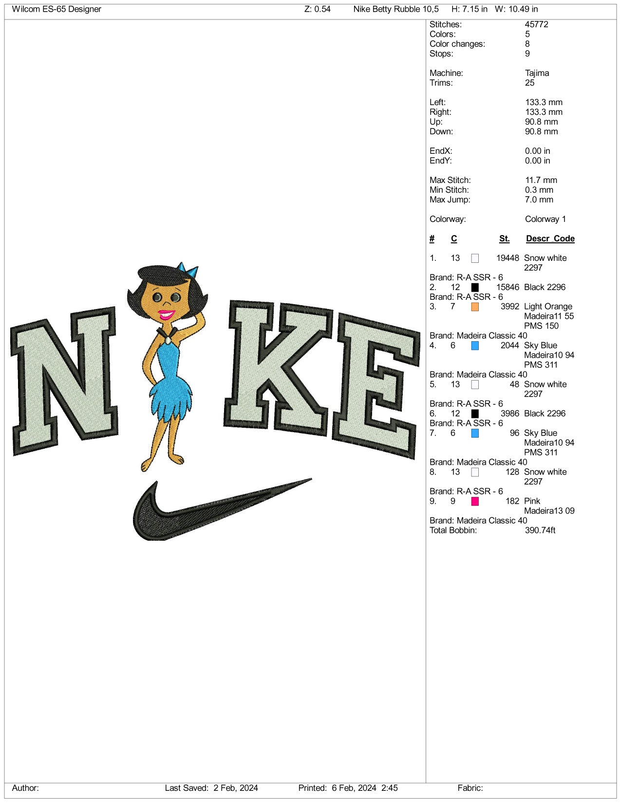 Nike Betty Rubble Embroidery Design Files - 3 Size's