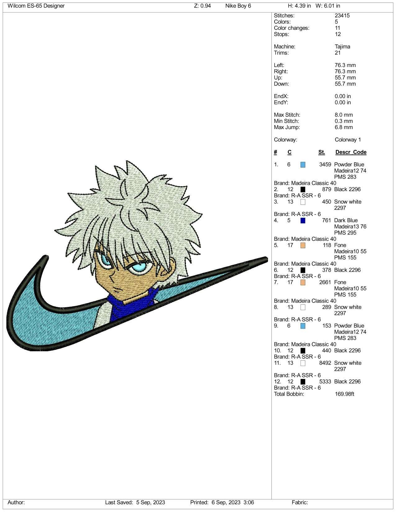 Nike Killua Zoldyck Embroidery Design Files - 3 Size's