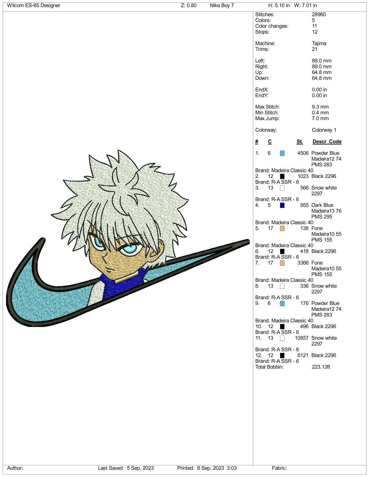 Nike Killua Zoldyck Embroidery Design Files - 3 Size's