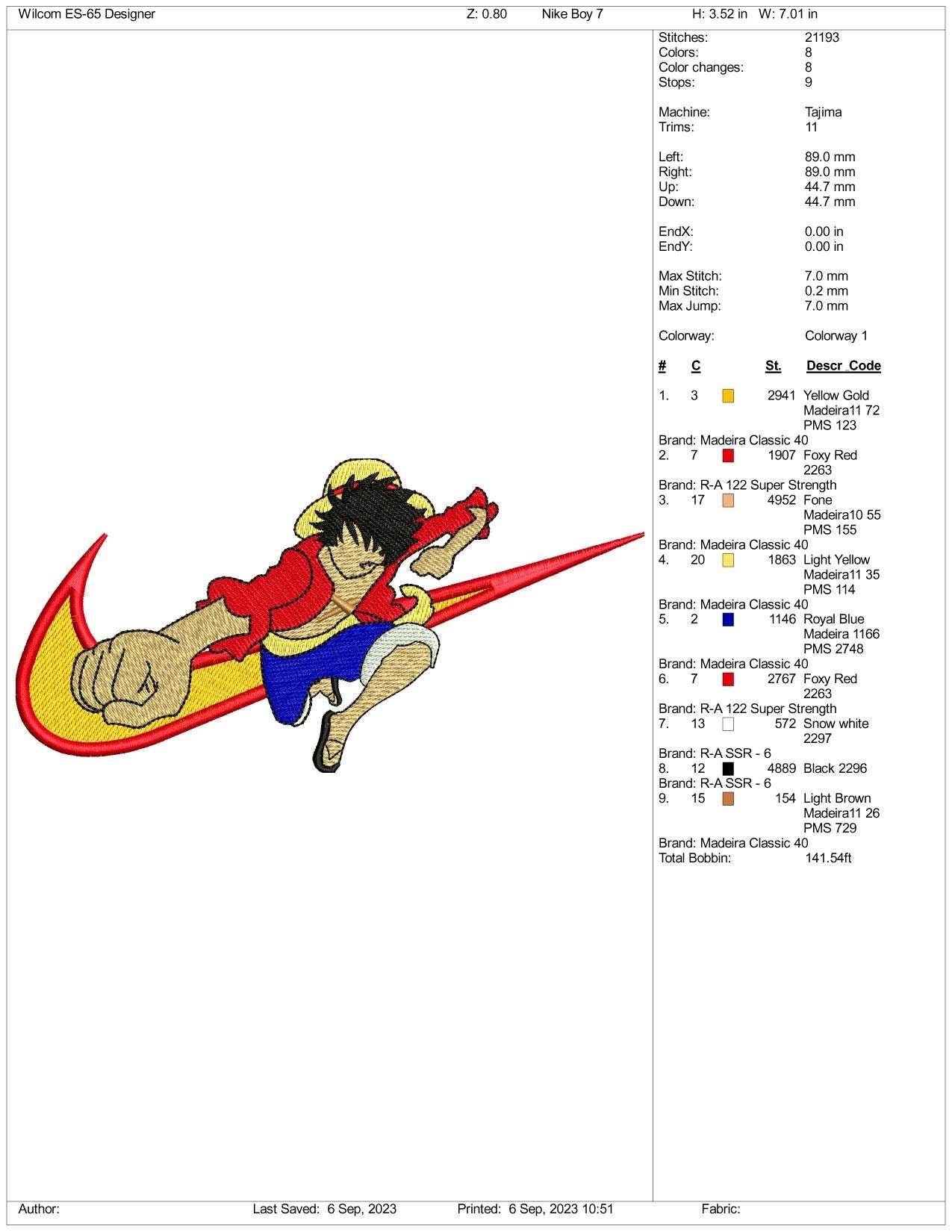 Nike Monkey D. Luffy Embroidery Design Files - 3 Size's