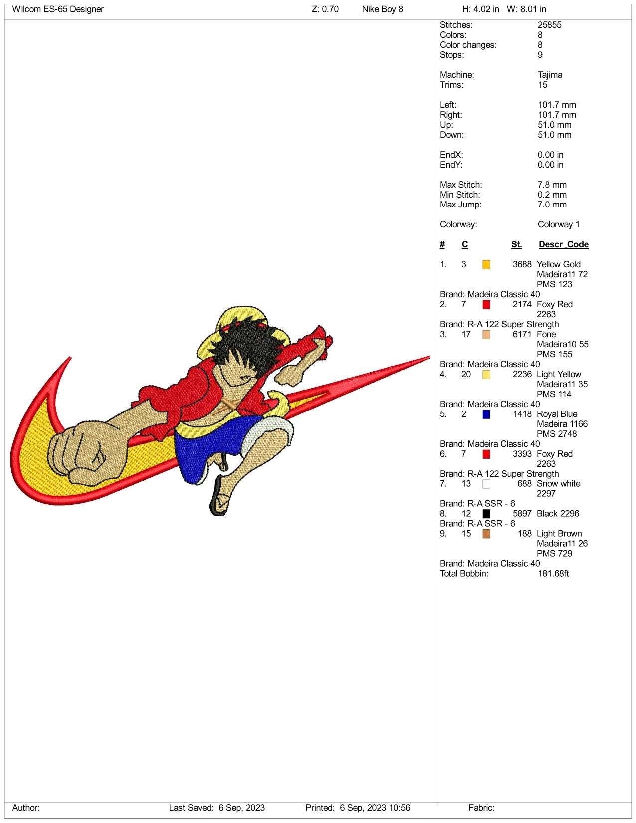 Nike Monkey D. Luffy Embroidery Design Files - 3 Size's