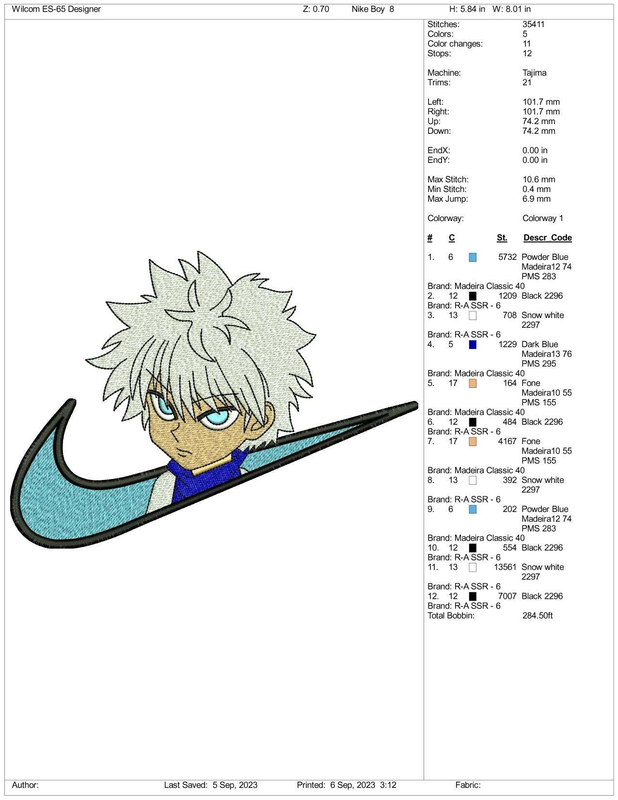 Nike Killua Zoldyck Embroidery Design Files - 3 Size's