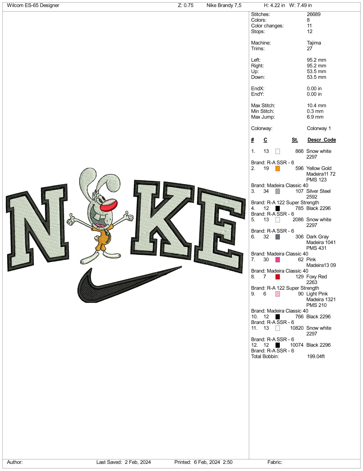 NIke Mr Whiskers Embroidery Design Files - 3 Size's