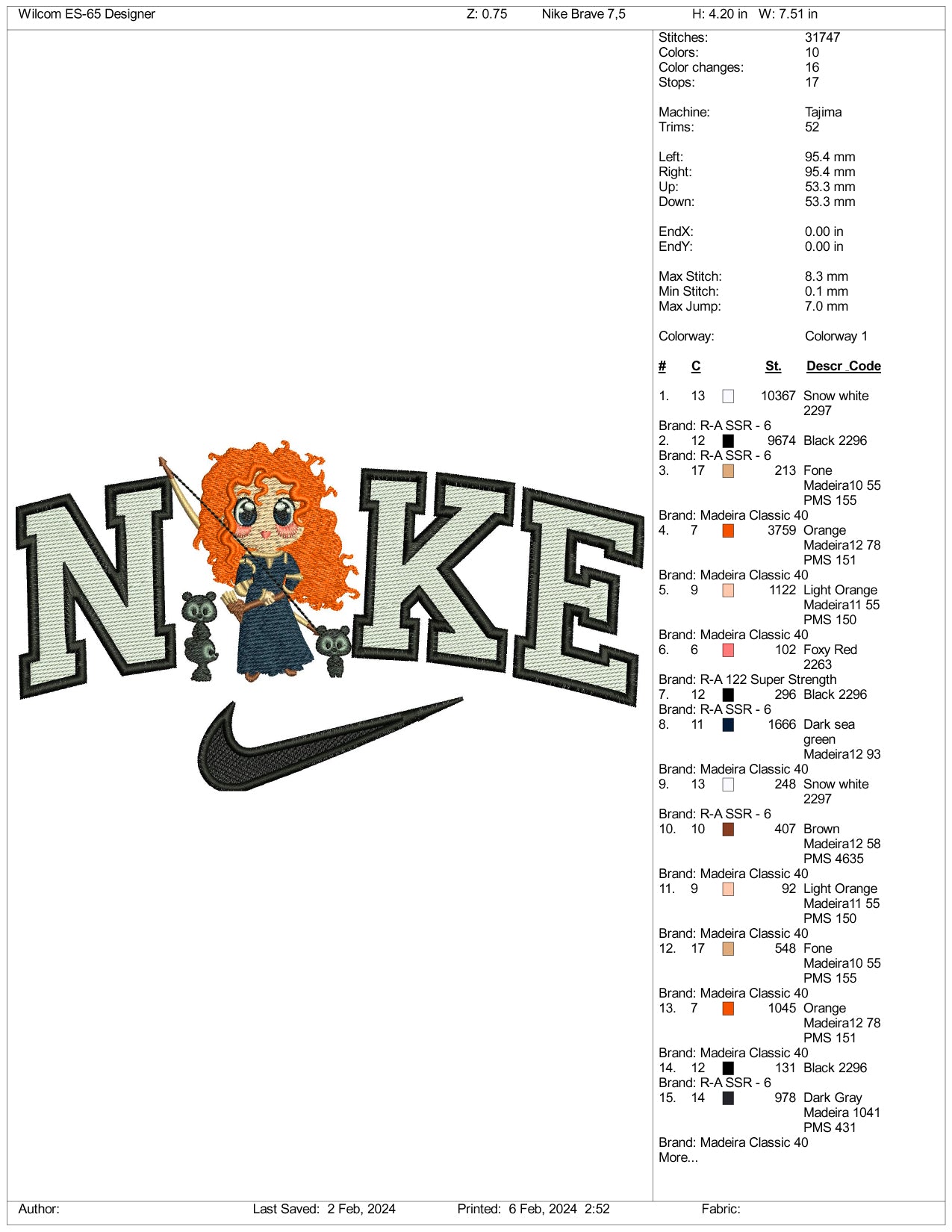 Nike Chibi Princess Merida Embroidery Design Files - 3 Size's