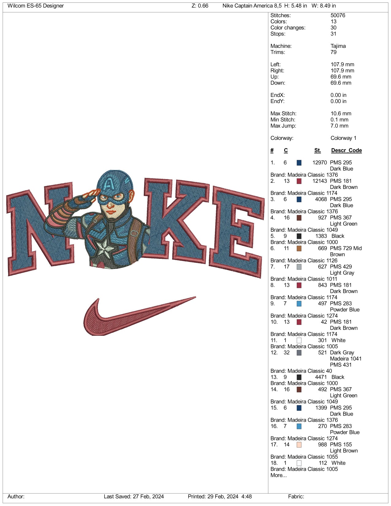 Nike Captain America Half Embroidery Design Files - 3 Size's