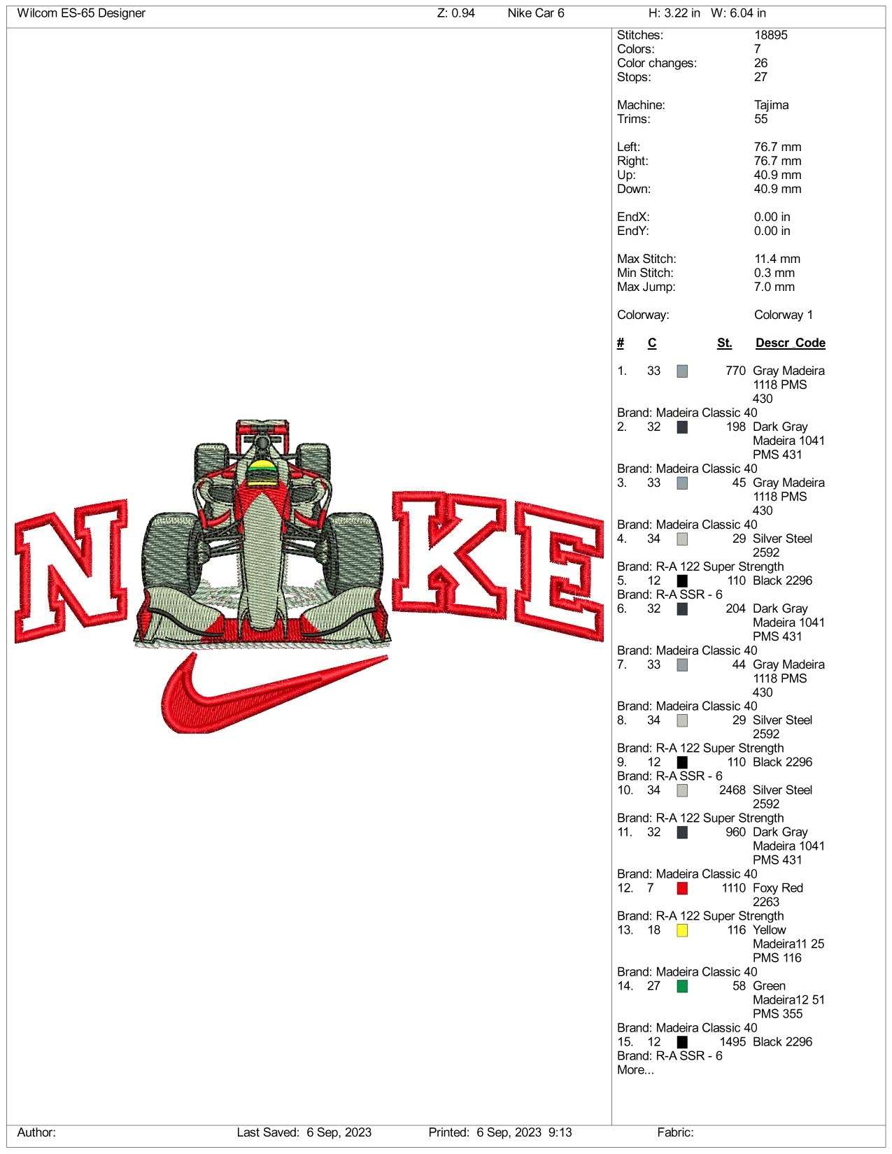 Nike Sports Car Embroidery Design Files - 3 Size's