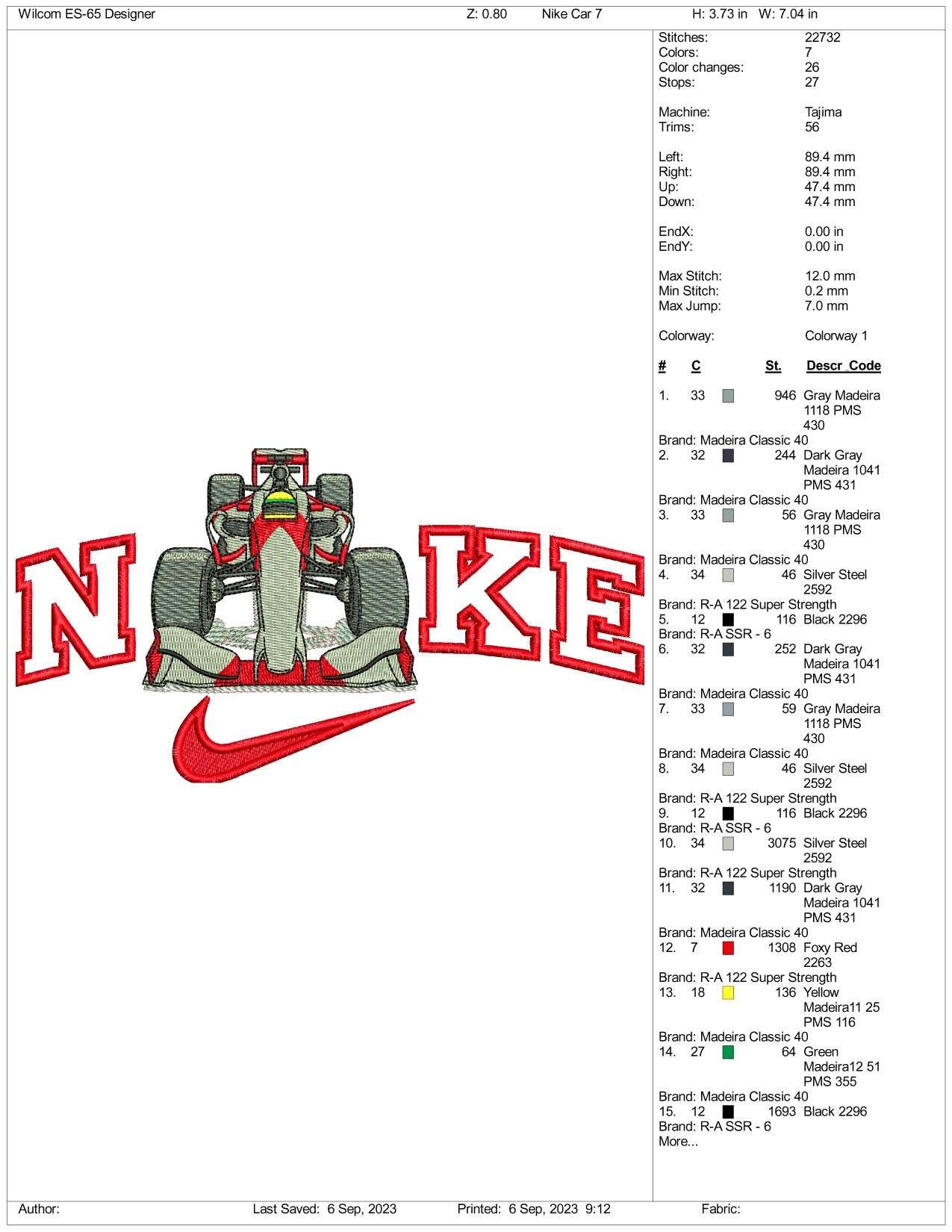 Nike Sports Car Embroidery Design Files - 3 Size's