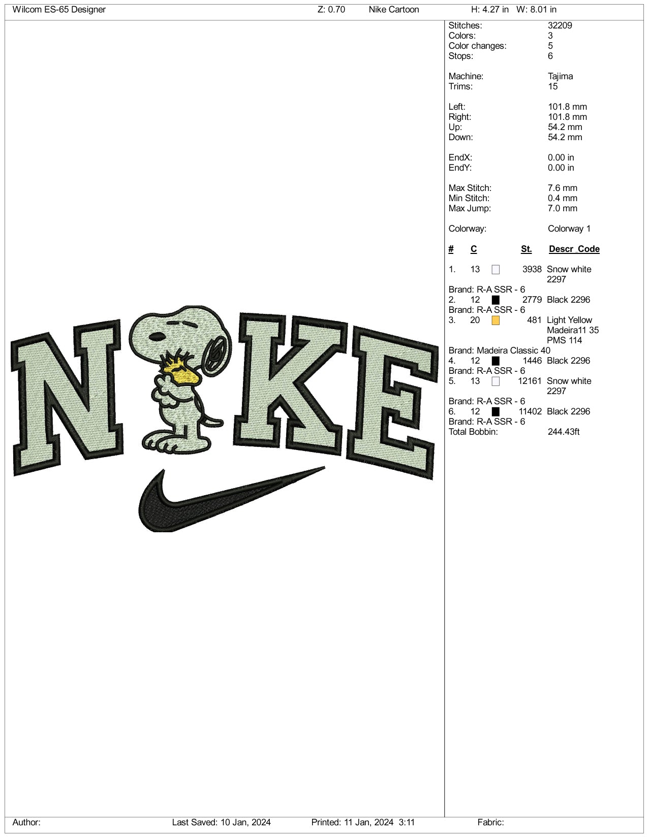 Nike Snoopy V2 Embroidery Design Files - 3 Size's