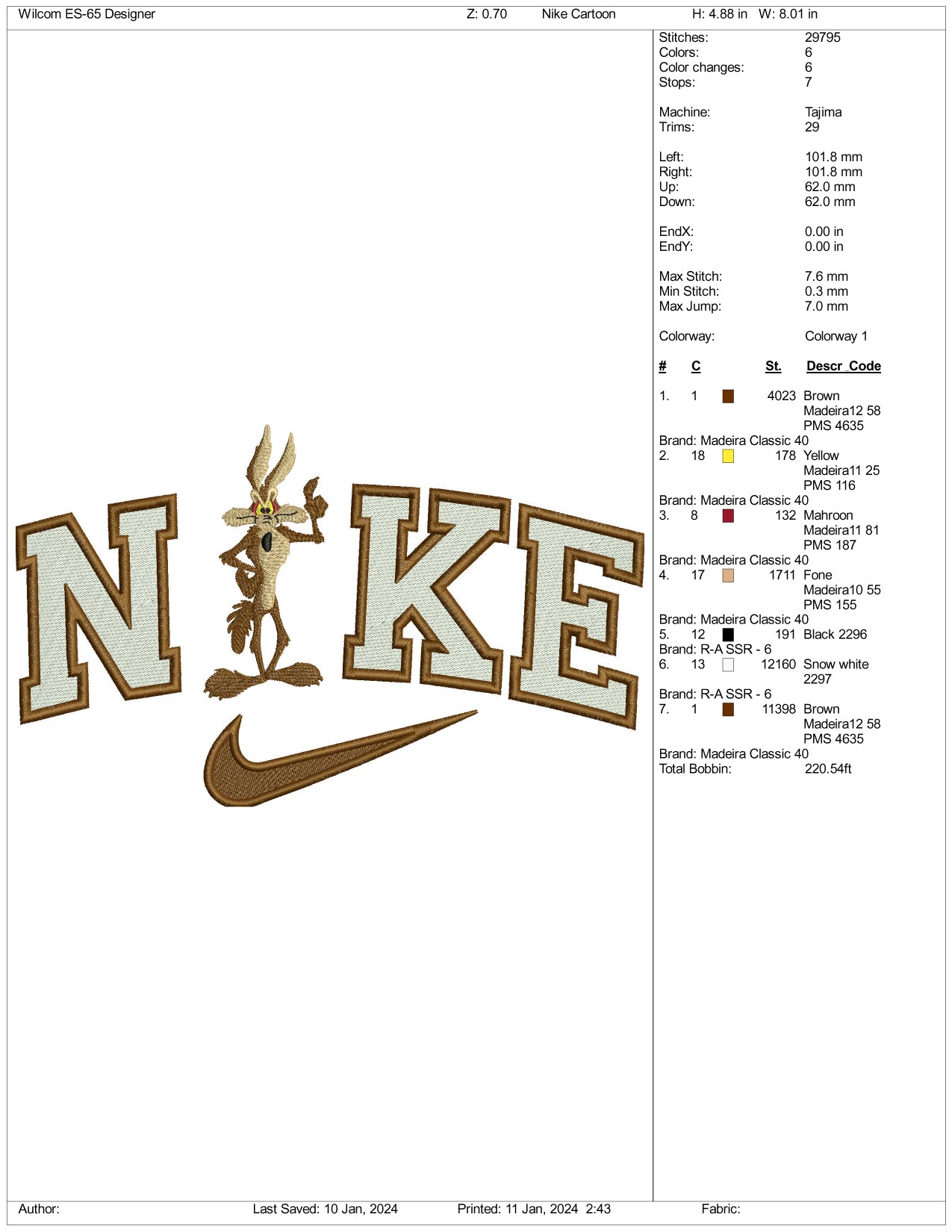 Nike Coyote Cartoon Embroidery Design Files - 3 Size's