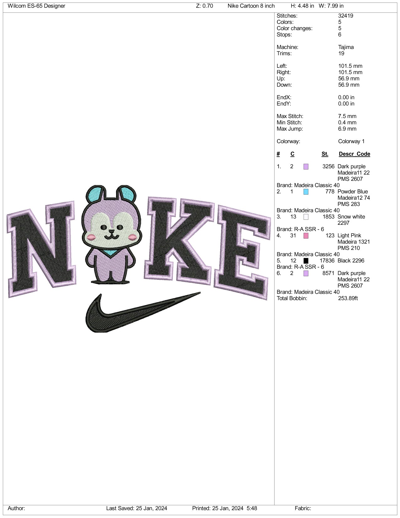 Nike Huimang Bear Embroidery Design Files - 3 Size's