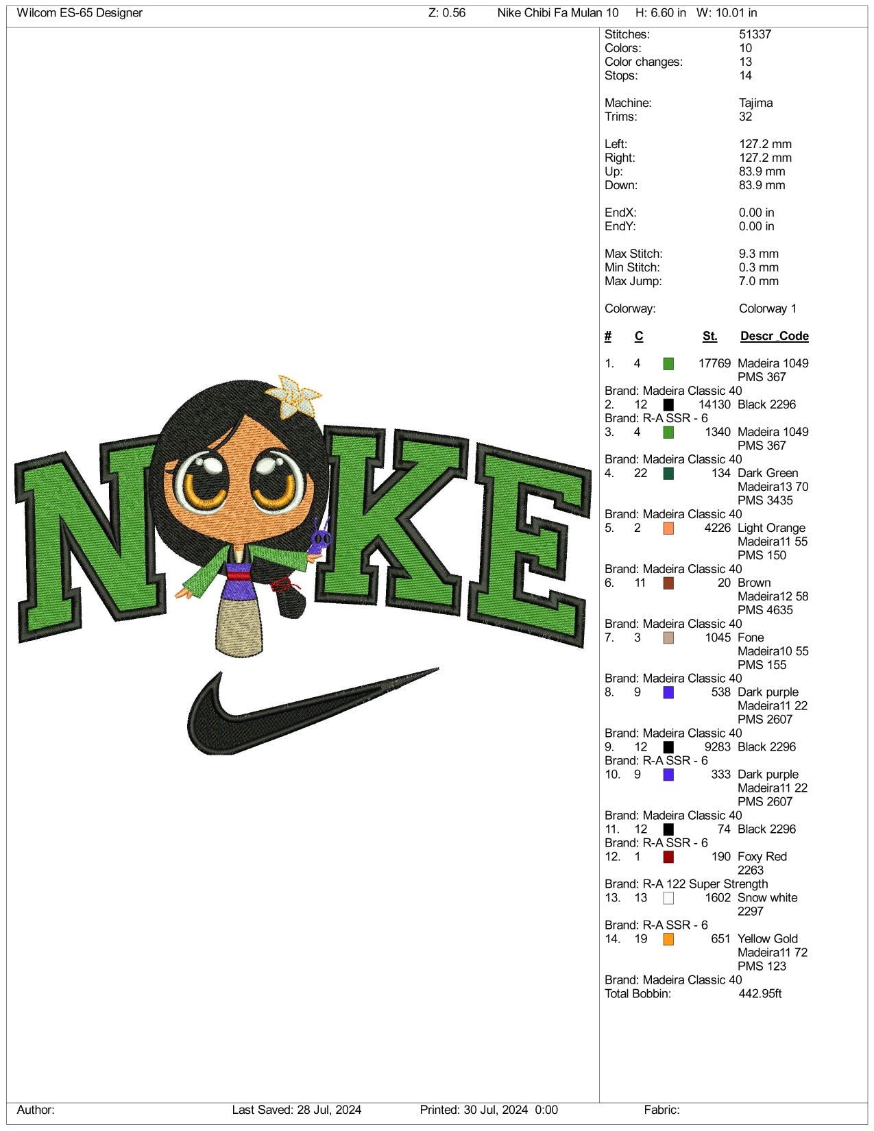 Nike Chibi Mulan Embroidery Design Files - 3 Size's