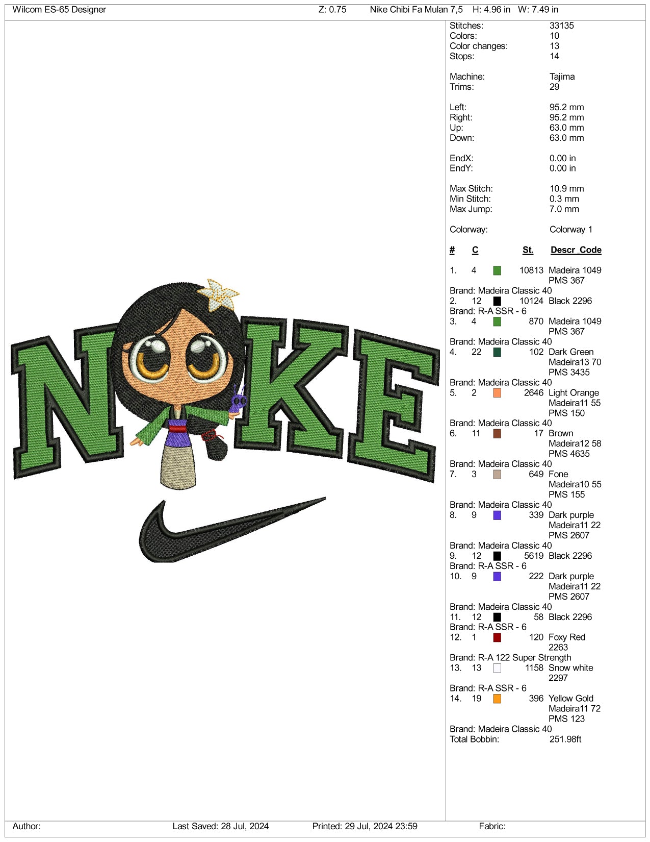 Nike Chibi Mulan Embroidery Design Files - 3 Size's