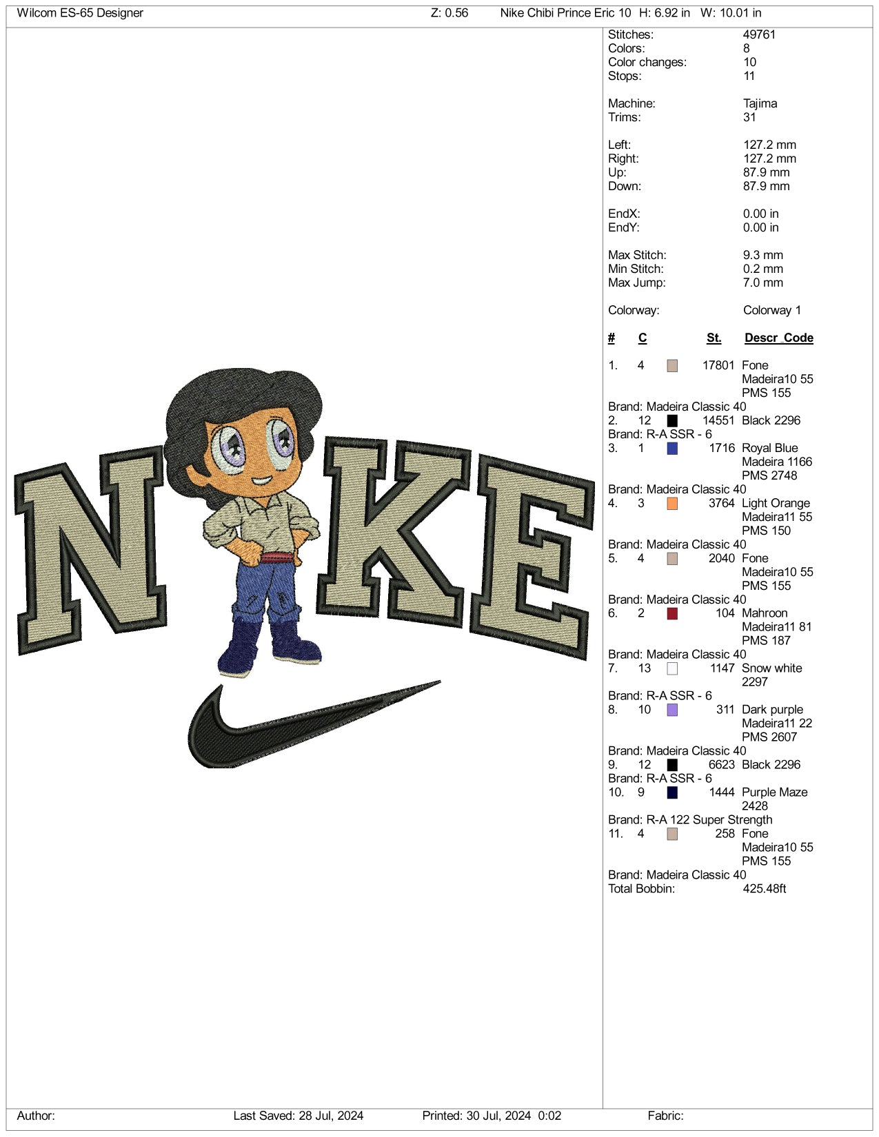 Nike Chibi Prince Eric v2 Embroidery Design Files - 3 Size's