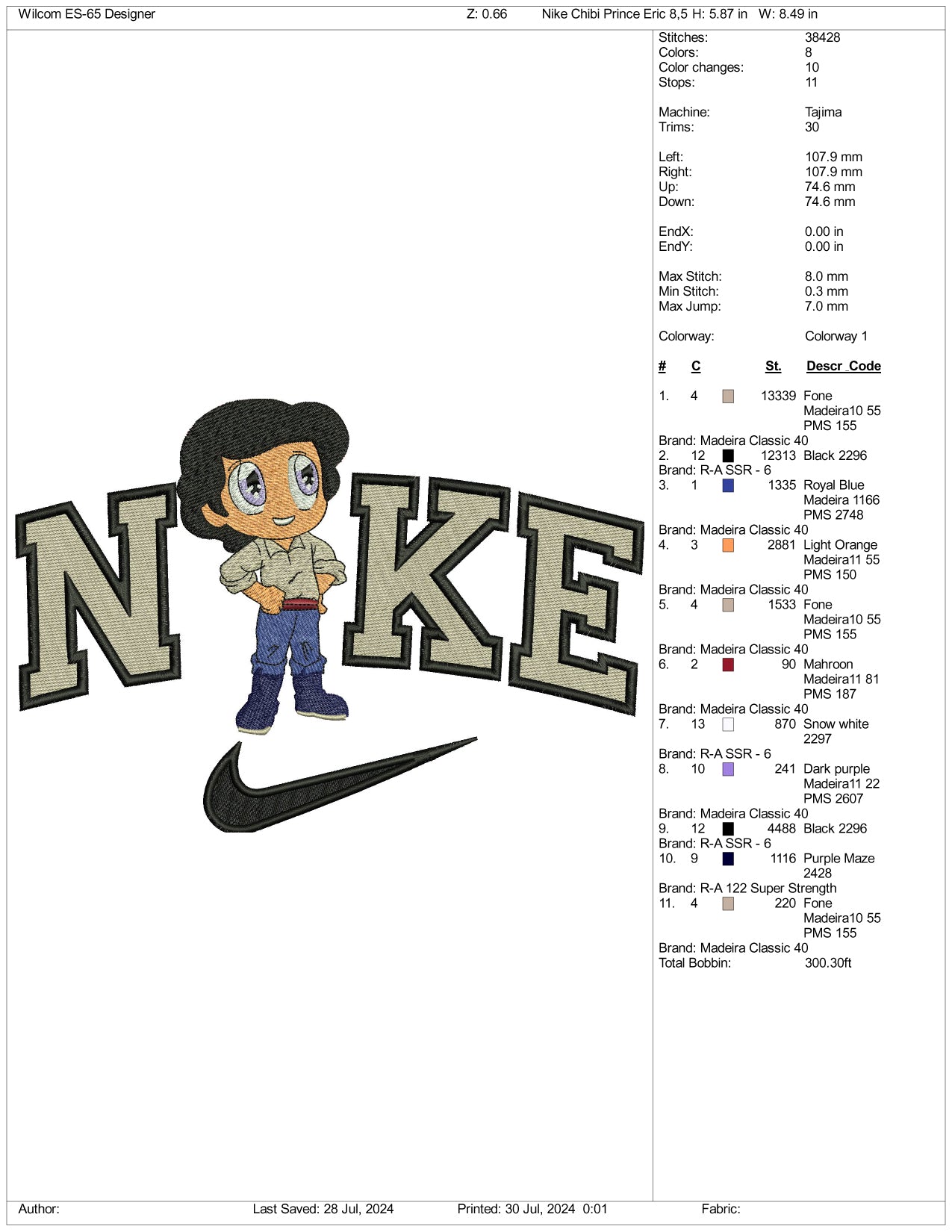 Nike Chibi Prince Eric v2 Embroidery Design Files - 3 Size's