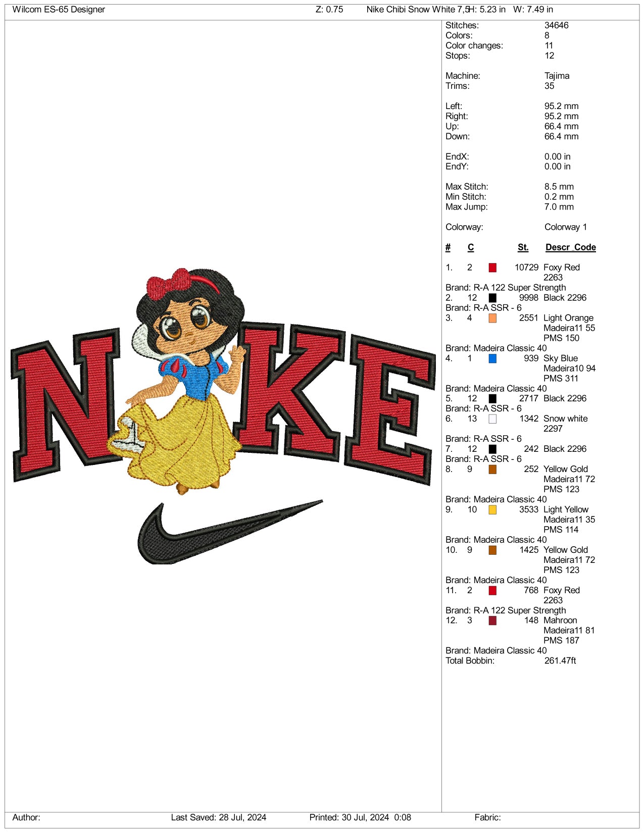 Nike Chibi Snow White Embroidery Design Files - 3 Size's