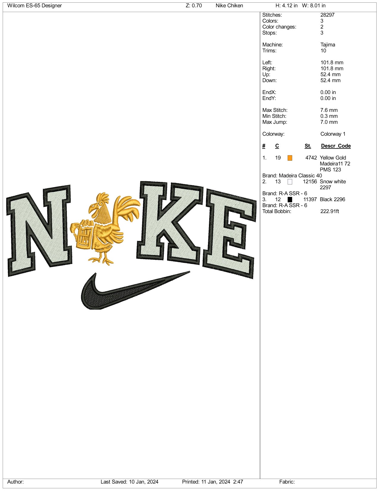 Nike Rooster Embroidery Design Files - 3 Size's