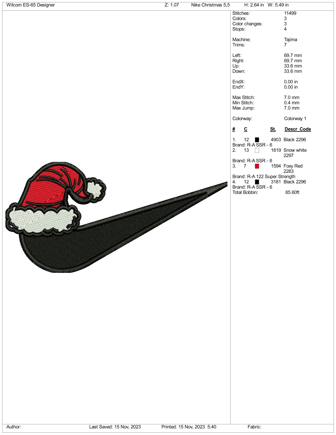 Santa Nike Embroidery Design Files - 3 Size's