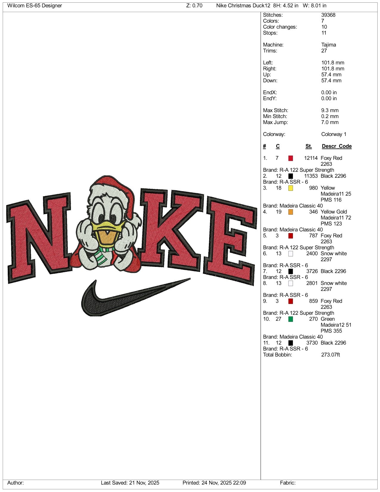 NIke Donald Duck v7 Embroidery Design Files - 3 Size's