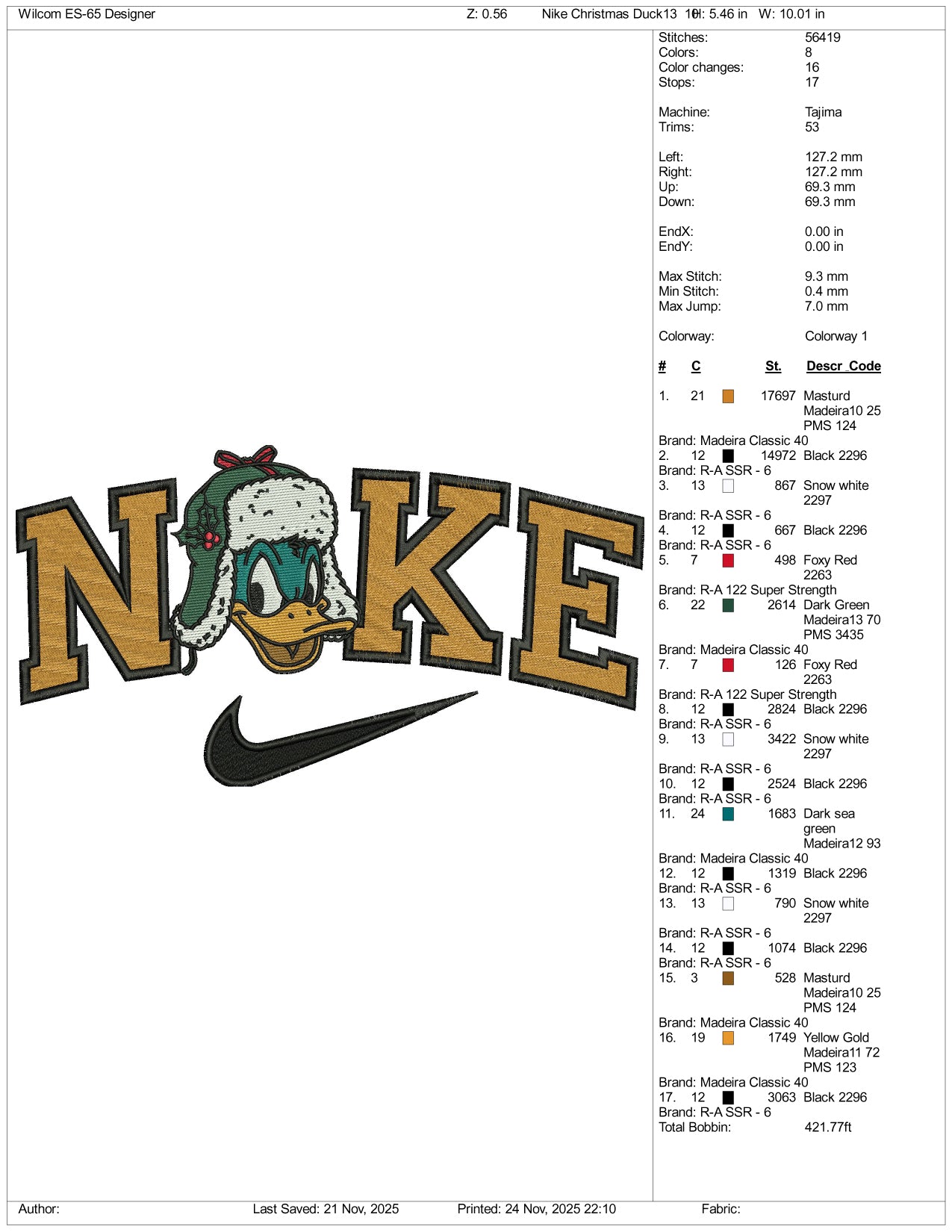 NIke Donald Duck v8 Embroidery Design Files - 3 Size's