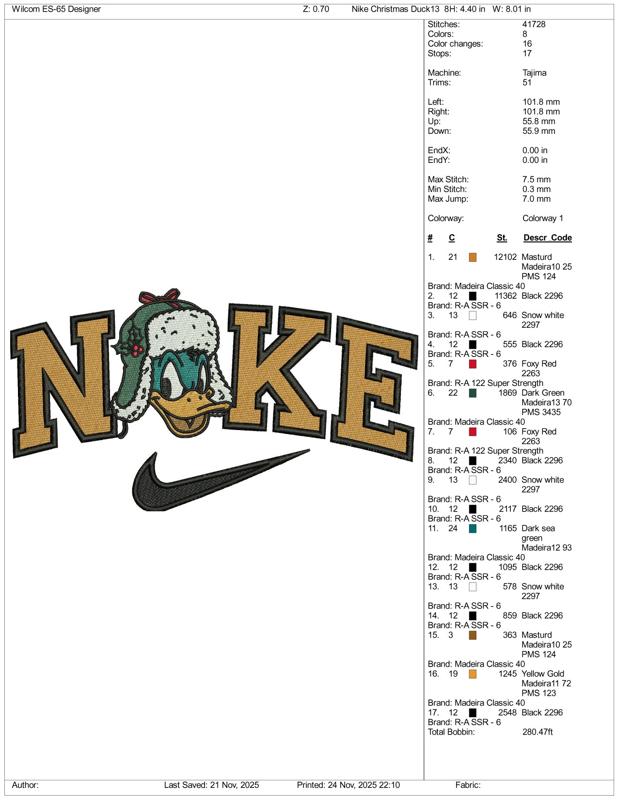 NIke Donald Duck v8 Embroidery Design Files - 3 Size's