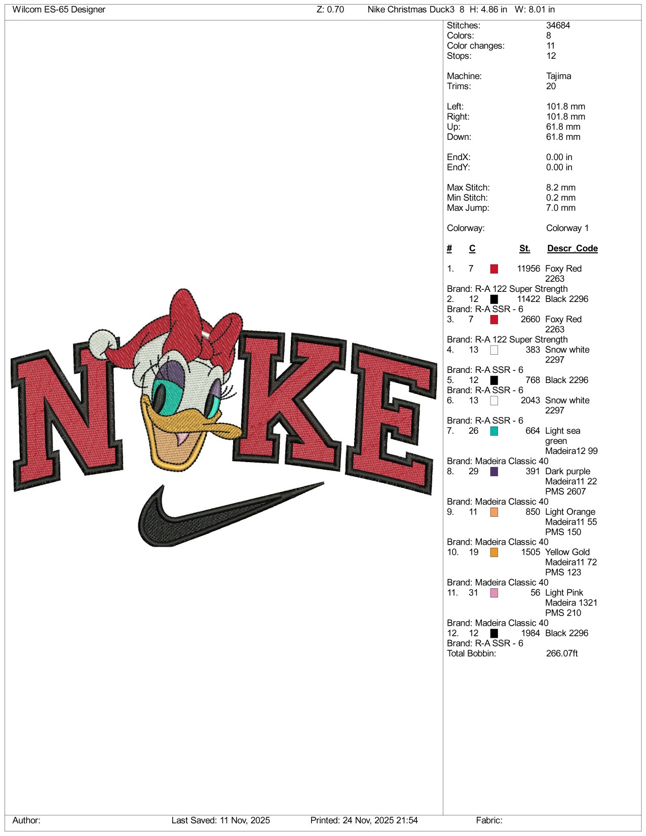 NIke Daisy Duck v2 Embroidery Design Files - 3 Sizes