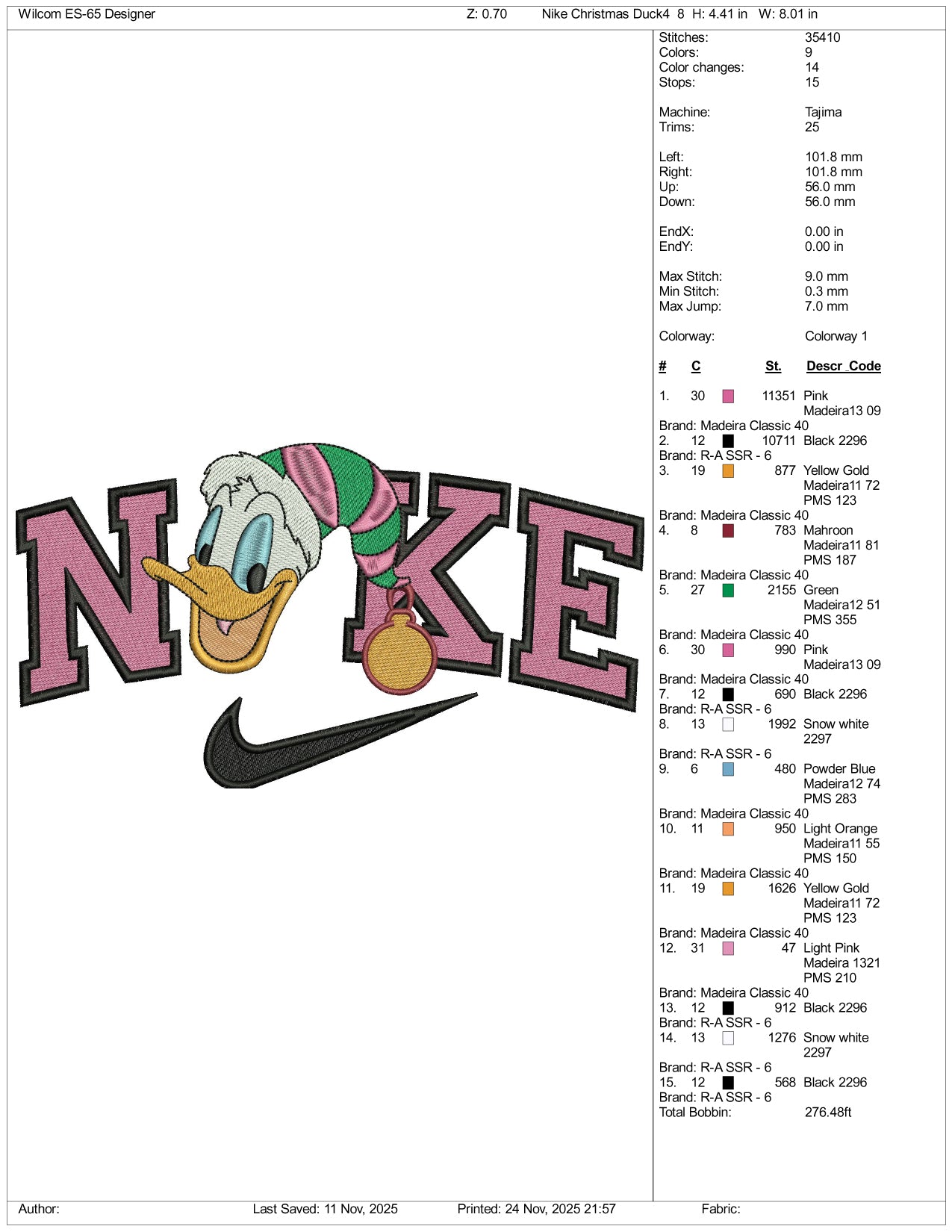 NIke Donald Duck v3 Embroidery Design Files - 4 Size's
