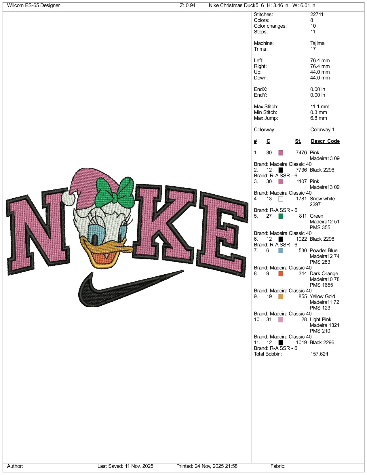NIke Daisy Duck v3 Embroidery Design Files - 3 Sizes