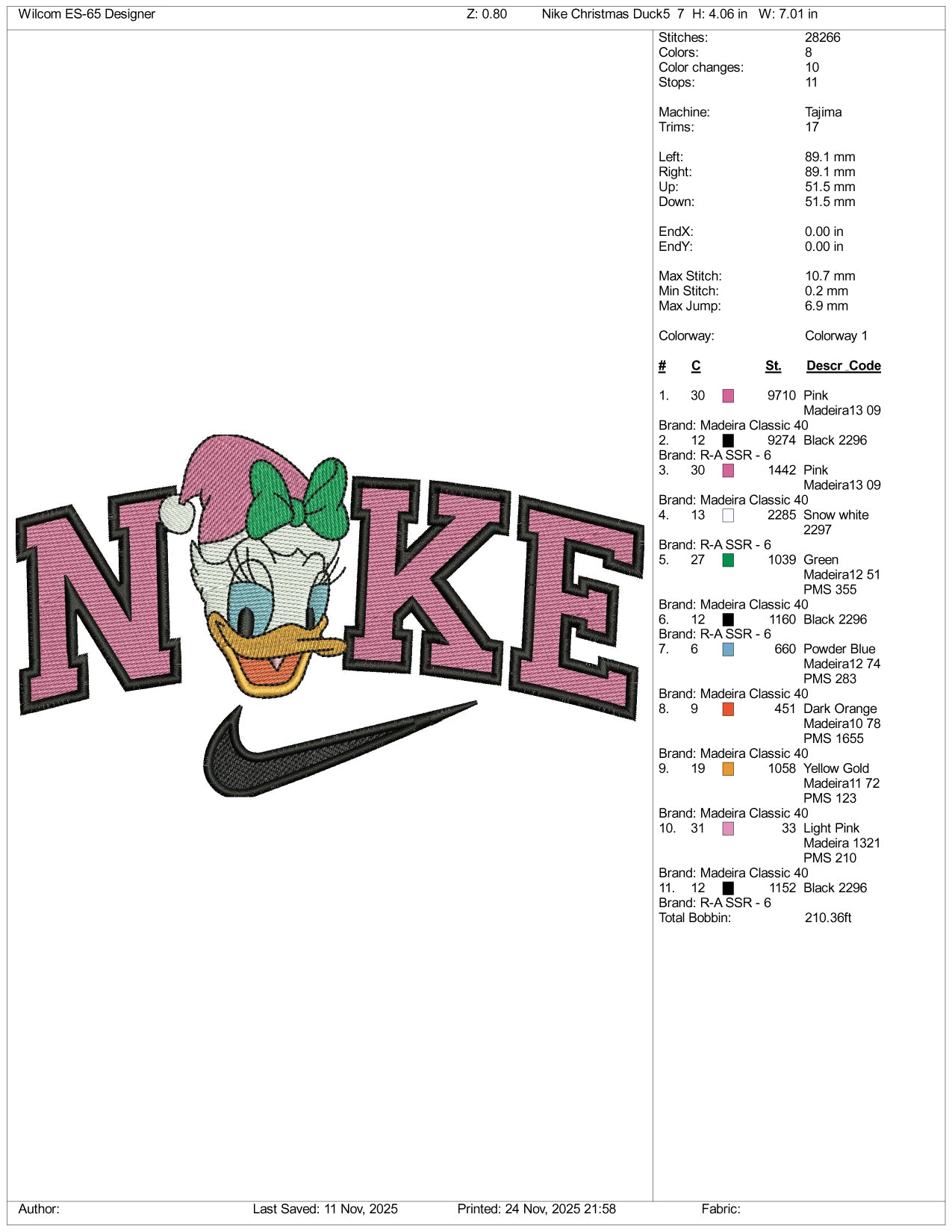 NIke Daisy Duck v3 Embroidery Design Files - 3 Sizes