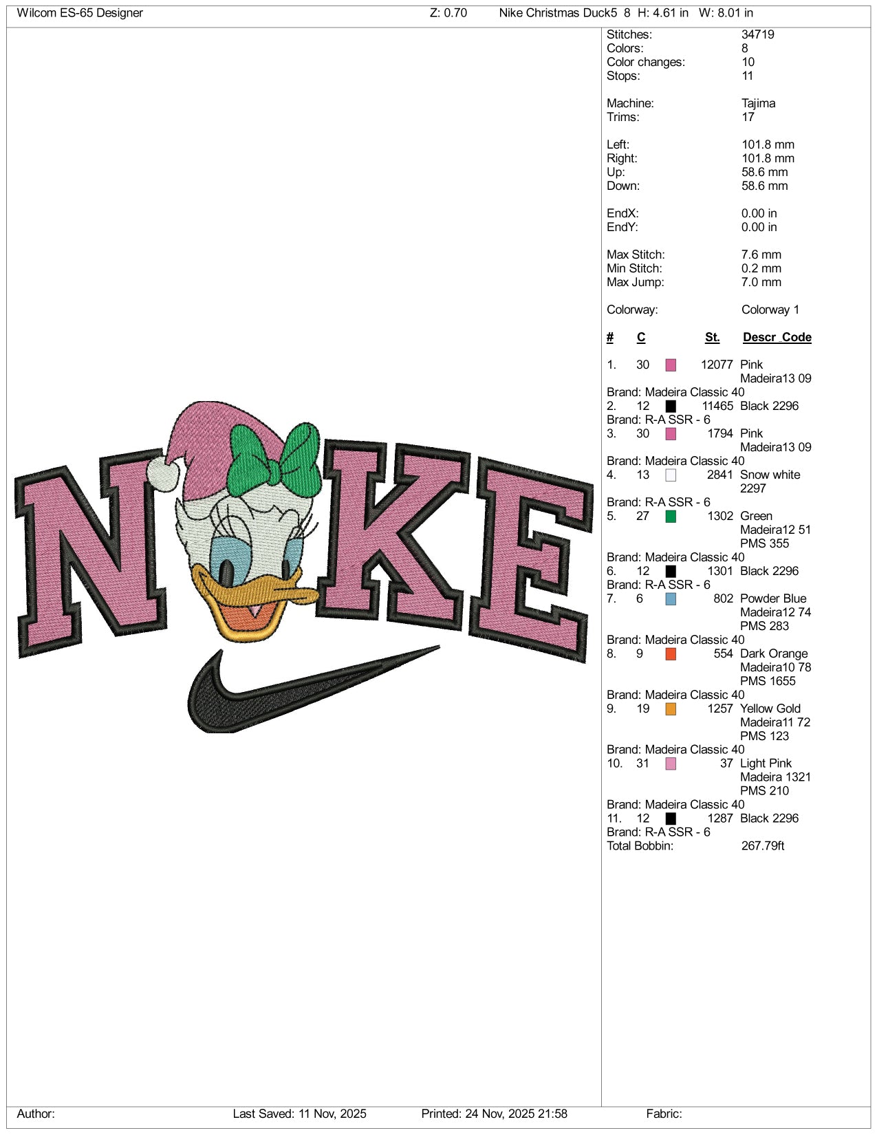 NIke Daisy Duck v3 Embroidery Design Files - 3 Sizes