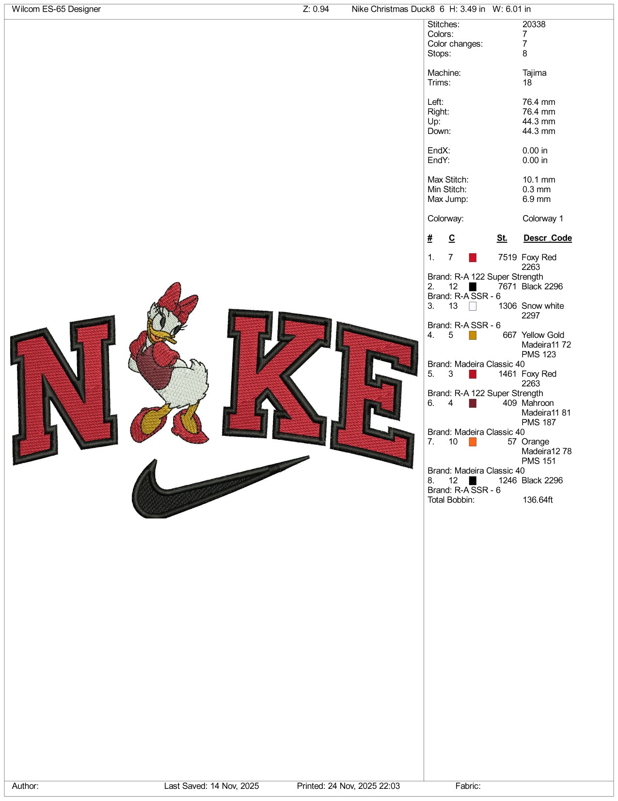 NIke Daisy Duck v4 Embroidery Design Files - 3 Sizes