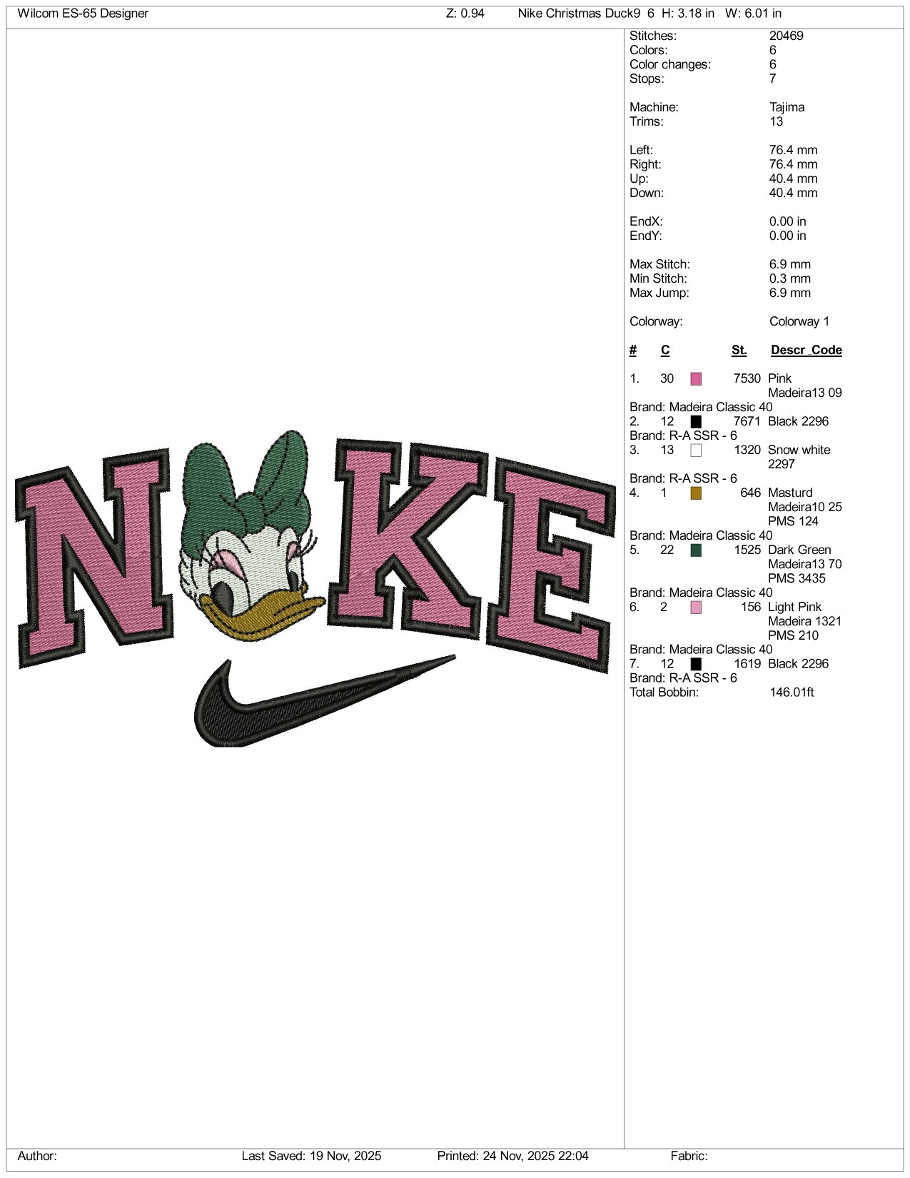 NIke Daisy Duck v5 Embroidery Design Files - 3 Sizes