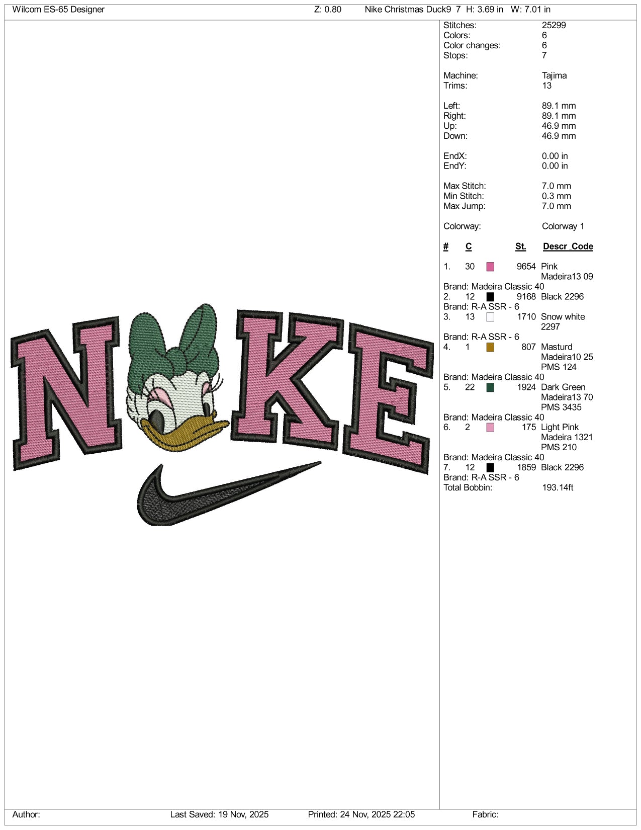 NIke Daisy Duck v5 Embroidery Design Files - 3 Sizes