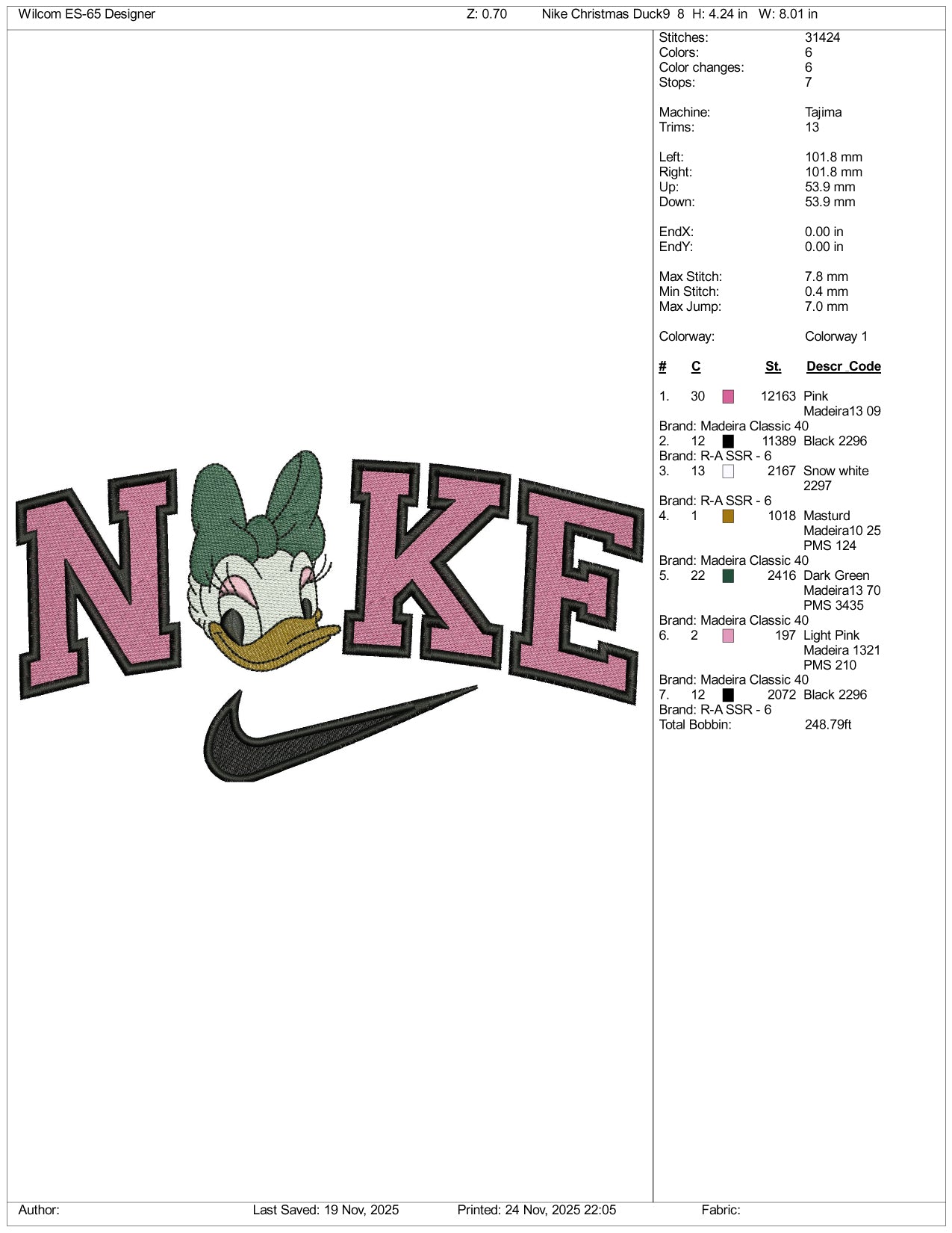 NIke Daisy Duck v5 Embroidery Design Files - 3 Sizes