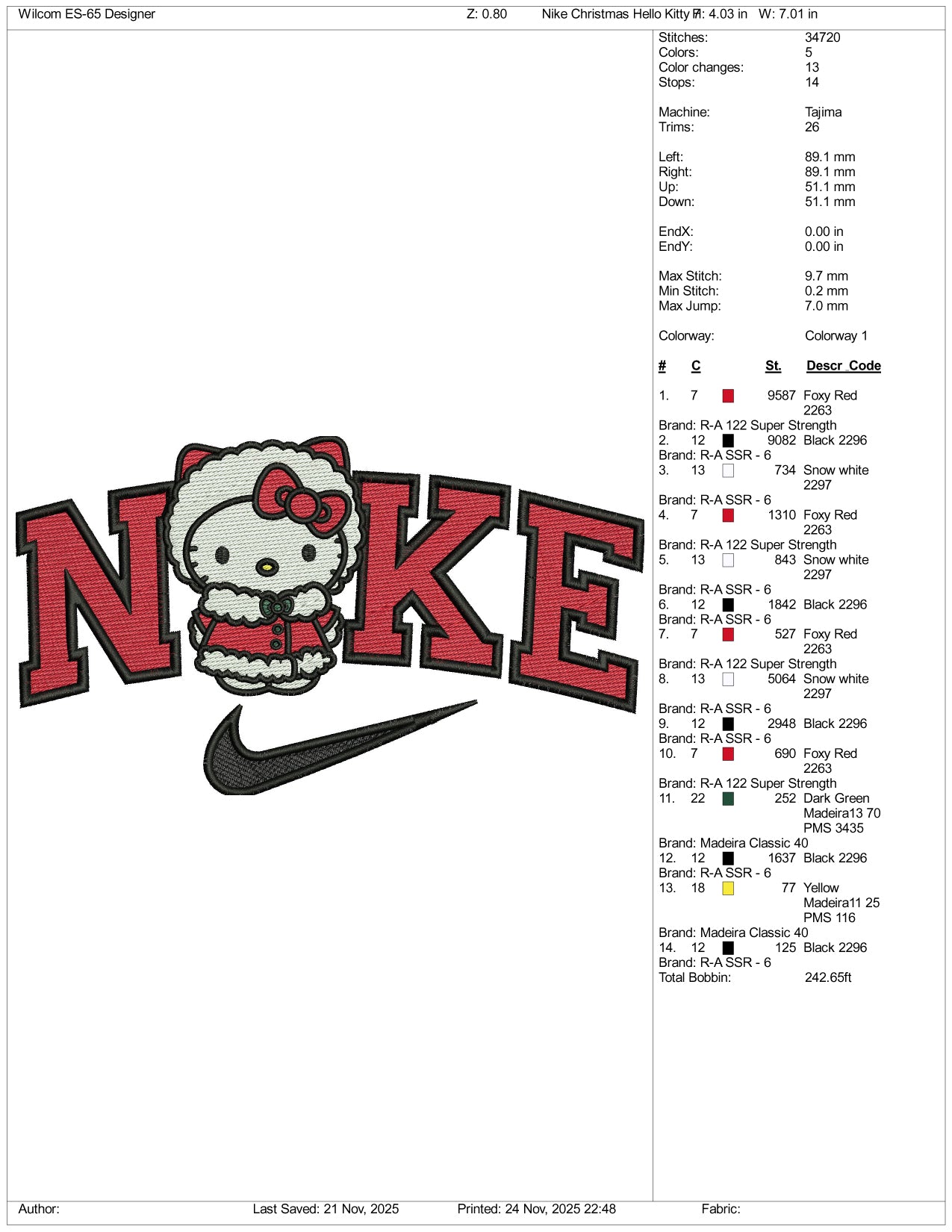 Nike Hello Kitty v3 Embroidery Design Files - 3 Size's