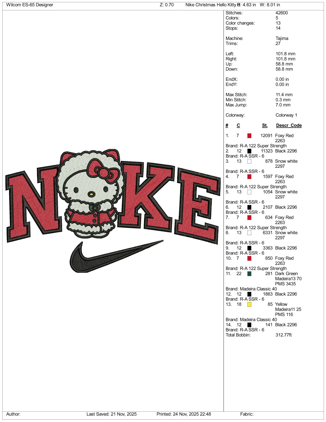 Nike Hello Kitty v3 Embroidery Design Files - 3 Size's