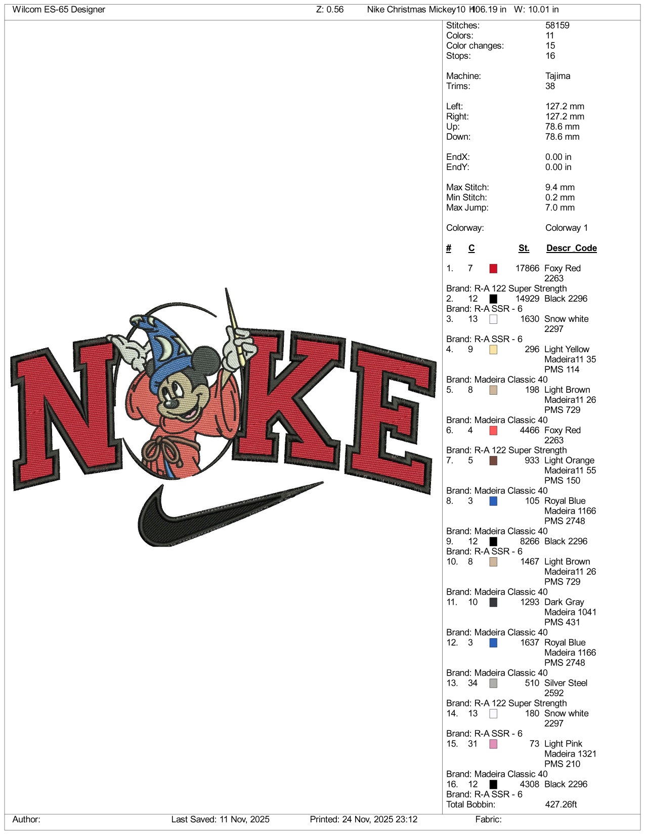 Nike Mickey Mouse Magician v5 Embroidery Design Files - 2 Size's