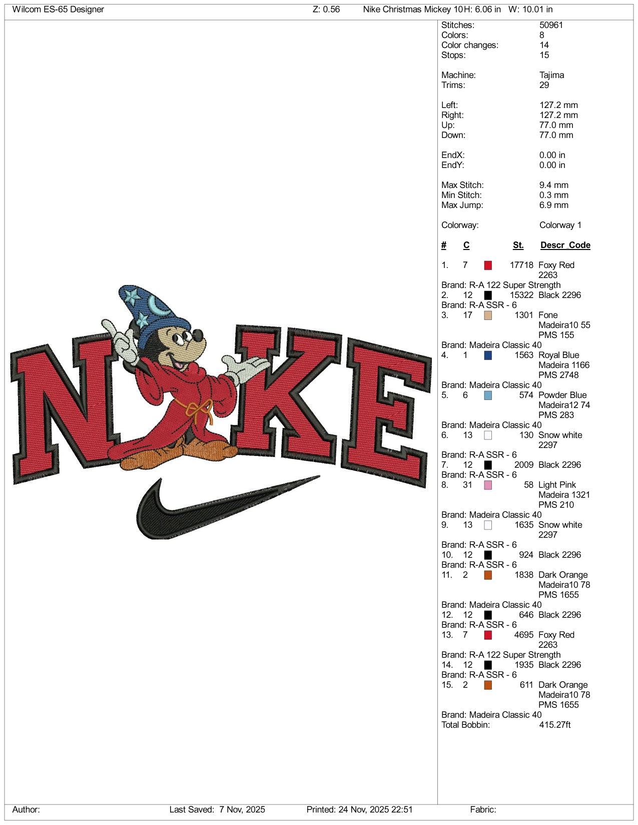 Nike Mickey Mouse Magician Embroidery Design Files - 3 Size's