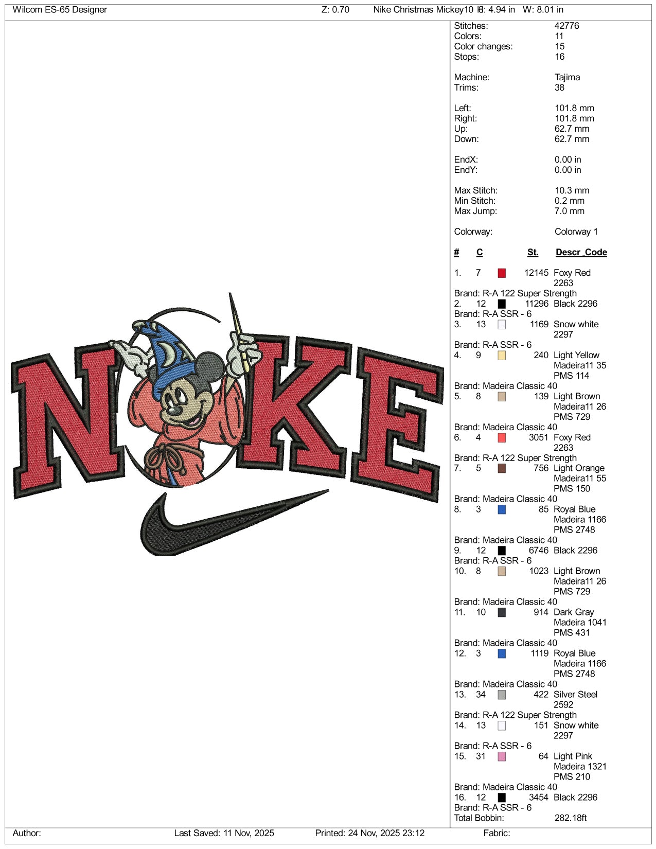 Nike Mickey Mouse Magician v5 Embroidery Design Files - 2 Size's